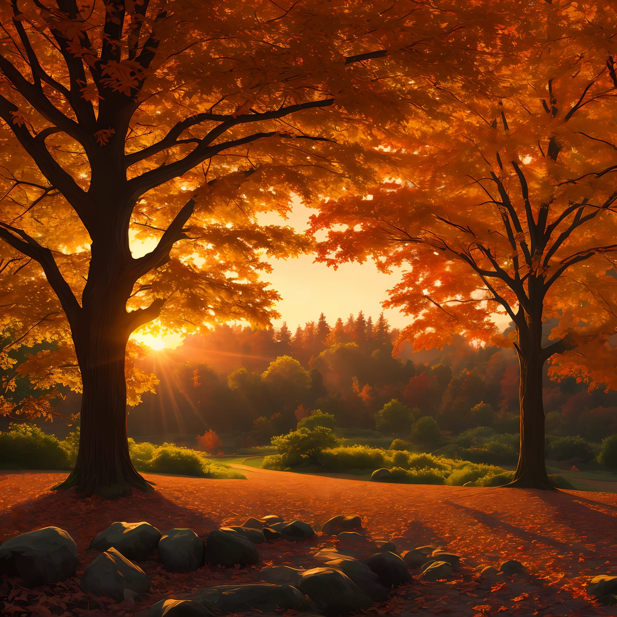 maple leaves，giant tree，Beautiful autumn leaves，8k，tmasterpiece，ultrarealism，Otherworldly，HighestQuali，eventide，setting sun --auto