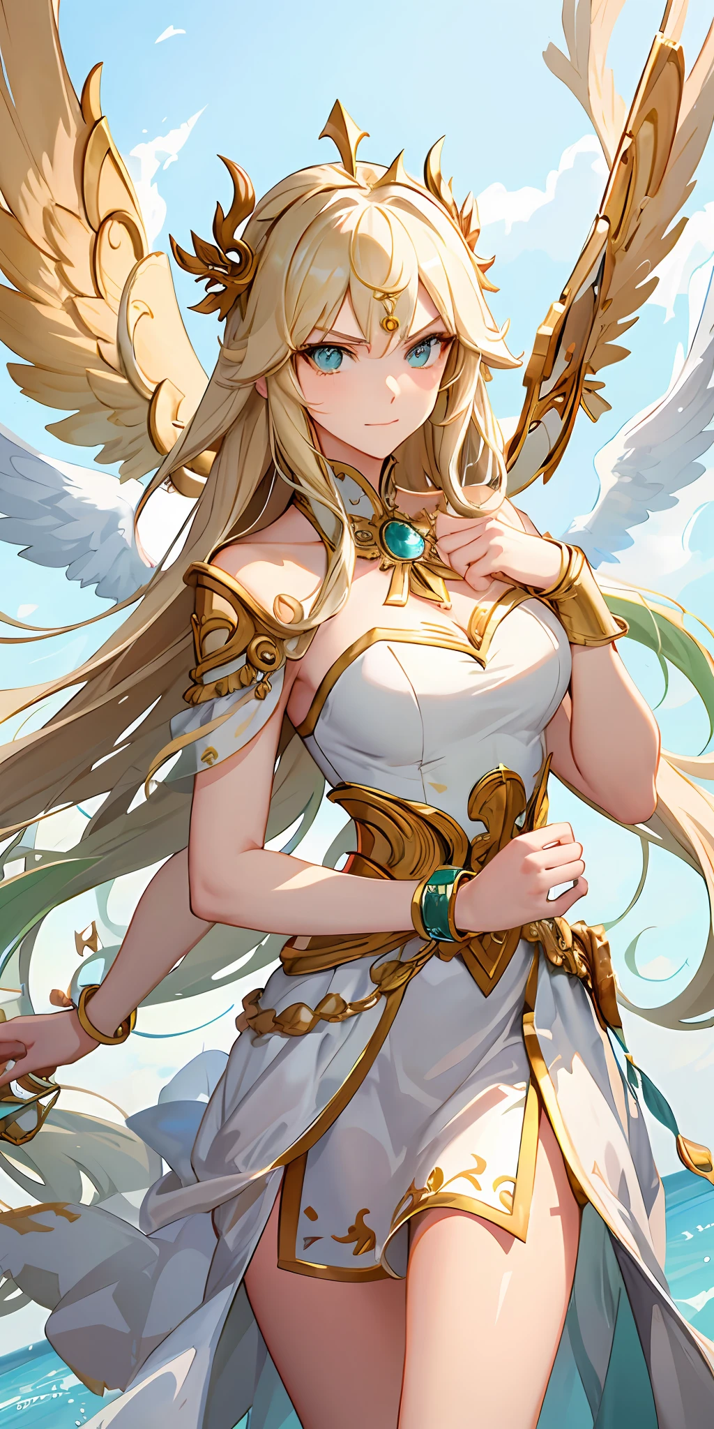 Anime girl in white dress with long blonde hair and green and white dress，anime goddess，Palutna，the goddess artemis smirking，lady palutena，Portrait Chevaliers du Zodiaque Fille，offcial art，（（Beautiful fantasy queen）），Goddess Hera looked angry，Blonde anime girl with long hair，ancient goddess，anime visual of a cute girl，Floating hair