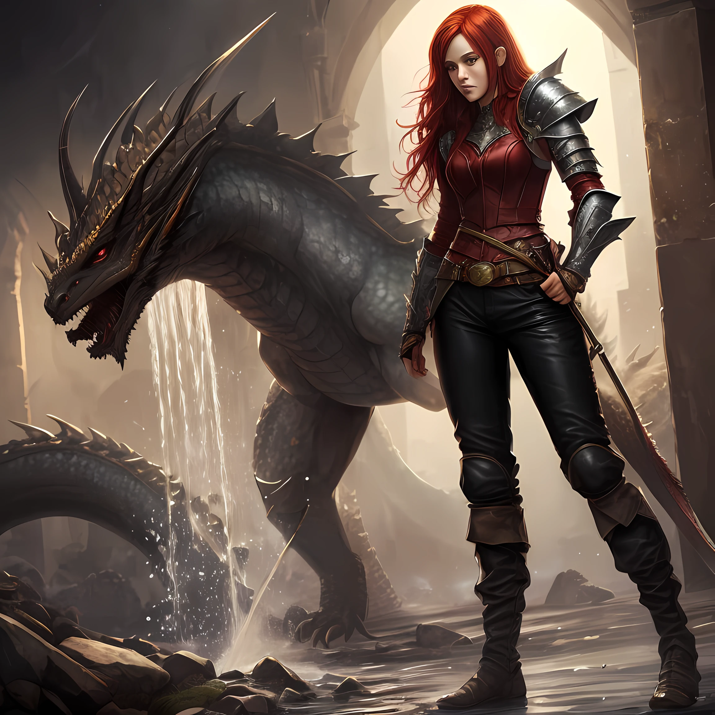 best quality, dark fantasy art, female warrior, tight leather armor, light colored clothes, red hair, athletic body, scared by dragon, tears in eyes, defeated, urinating in her pants, pee pants, wetting oneself in fear, humiliated, pee stain on her pants, soaked panties, urinepuddle between her feet, --auto