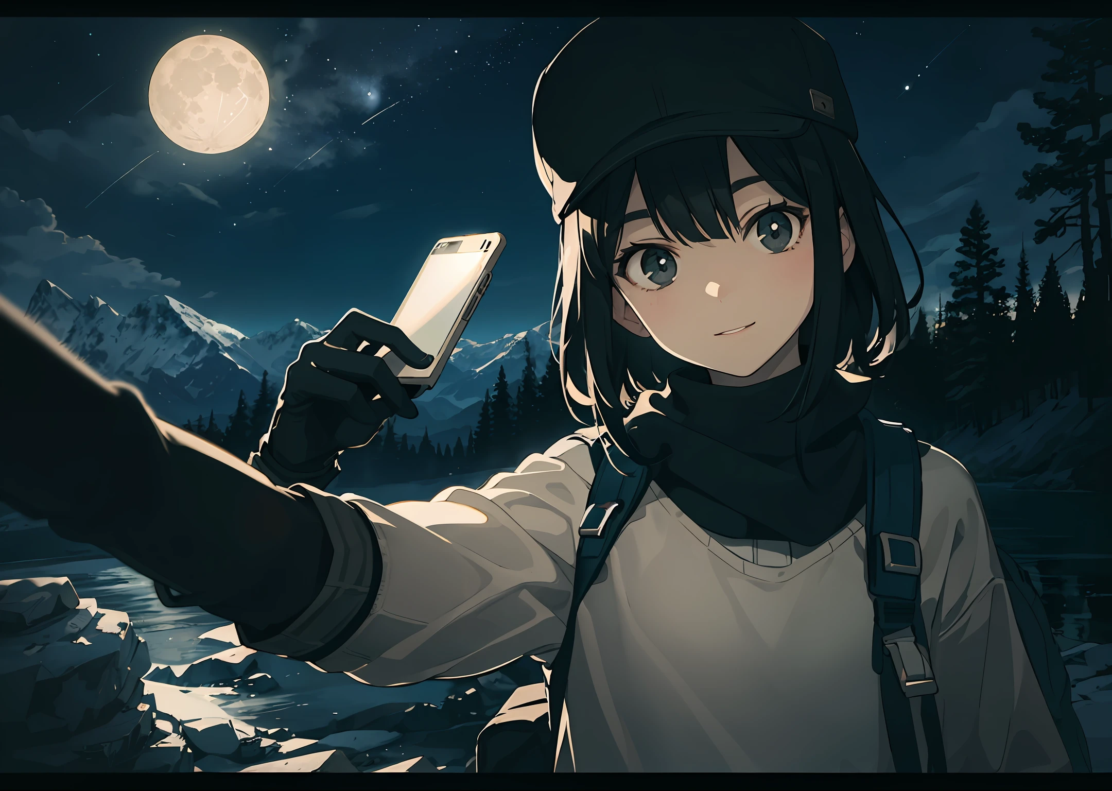 1 woman((upper body selfie, happy)), masterpiece, best quality, ultra-detailed, solo, outdoors, (night), mountains, nature, (stars, moon) cheerful, happy, backpack, sleeping bag, camping stove, water bottle, mountain boots, gloves, sweater, hat, flashlight, forest, rocks, river, wood, smoke, shadows, contrast, clear sky, analog style (look at viewer:1.2) (skin texture) (film grain:1.3), (warm hue, warm tone) :1.2), close up, cinematic light, sidelighting, ultra high res, best shadow, RAW, upper body, wearing pullover