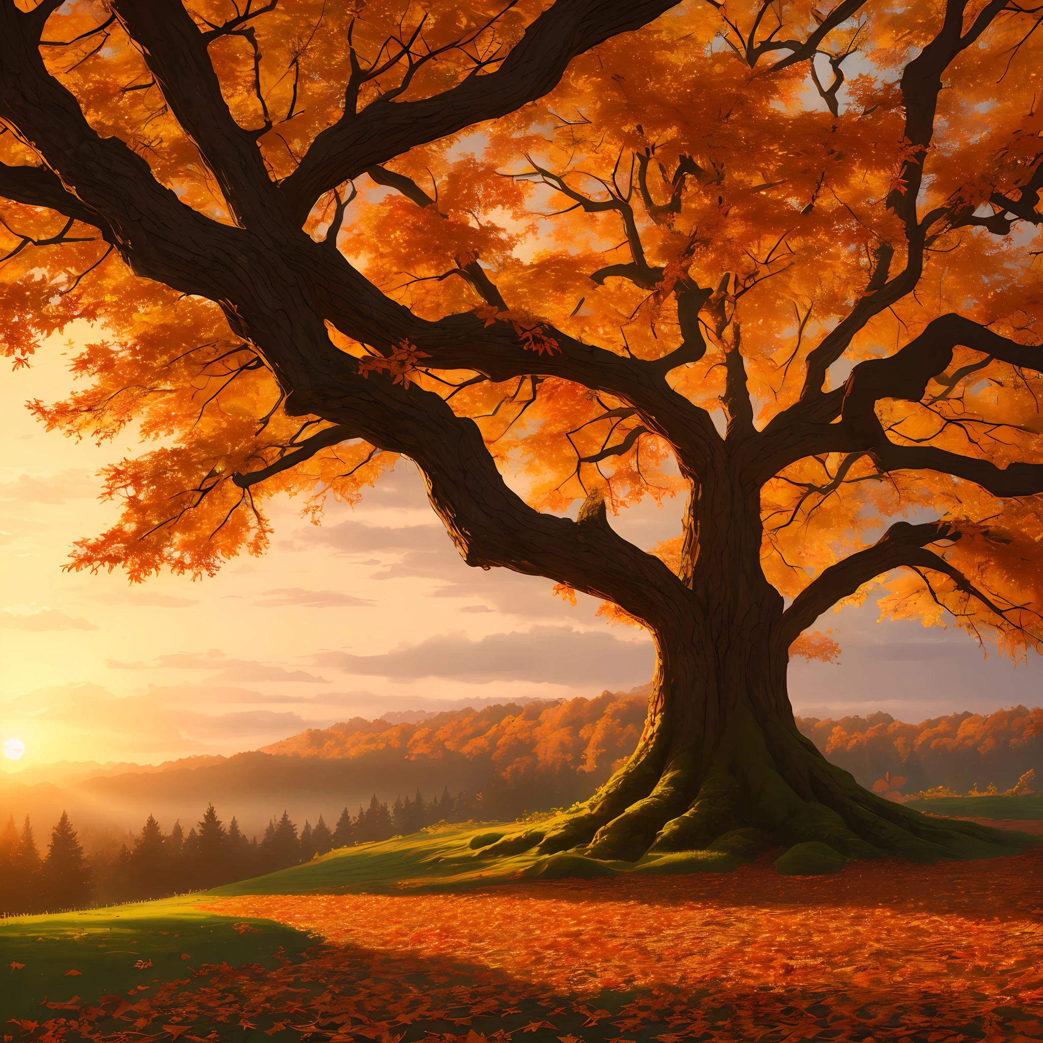 maple leaves，giant tree，Beautiful autumn leaves，8k，tmasterpiece，ultrarealism，Otherworldly，HighestQuali，eventide，setting sun --auto