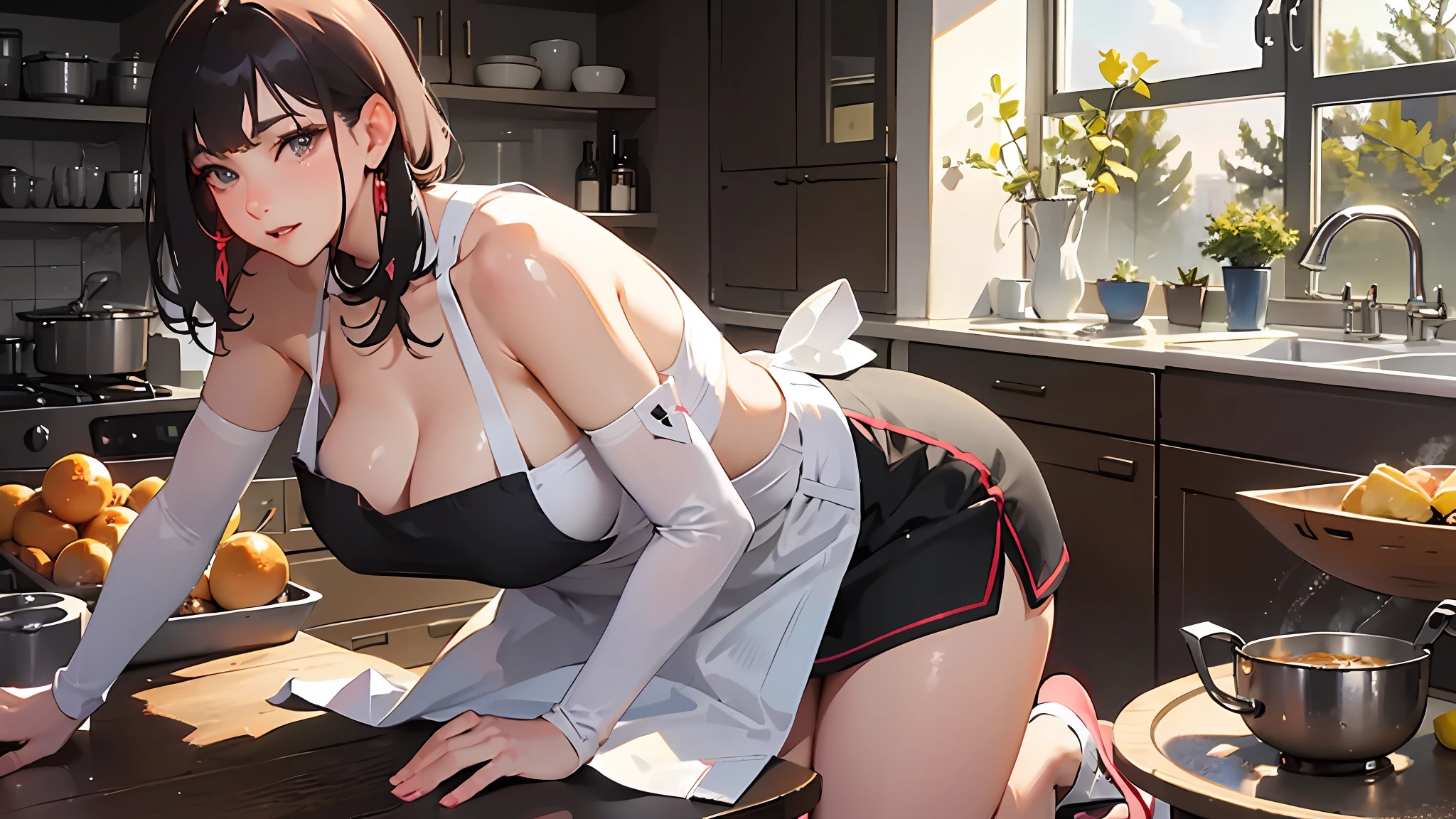 A tall and beautiful mature woman with a confident expression, showing her thighs and shoulders, a plump body, big breasts, a ball head, wearing a apron, a human wife, in a kitchen, kneeling on the ground.
