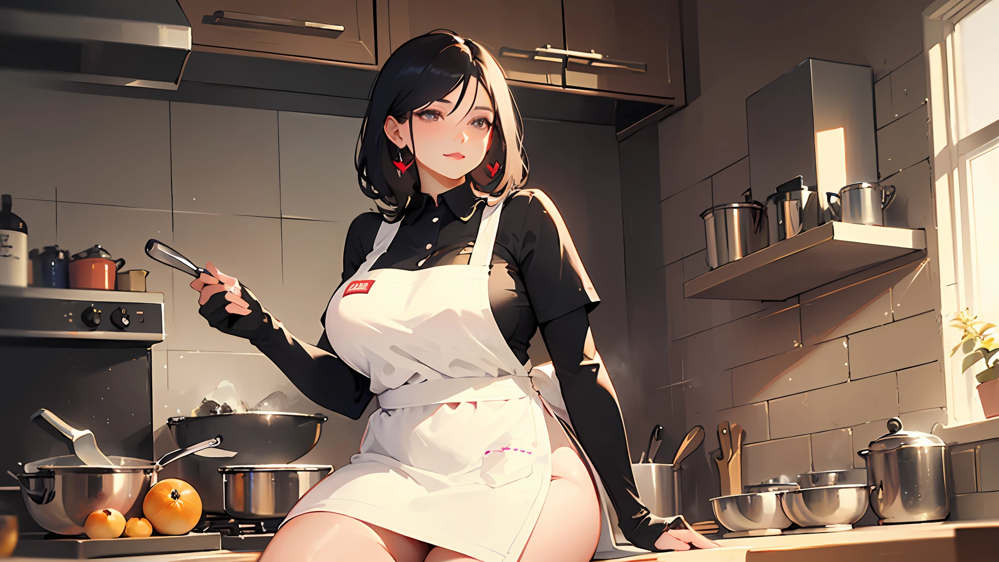 A tall and beautiful mature woman with a confident expression, showing her thighs and shoulders, a plump body, big breasts, a ball head, wearing a apron, a human wife, in a kitchen, kneeling on the ground.