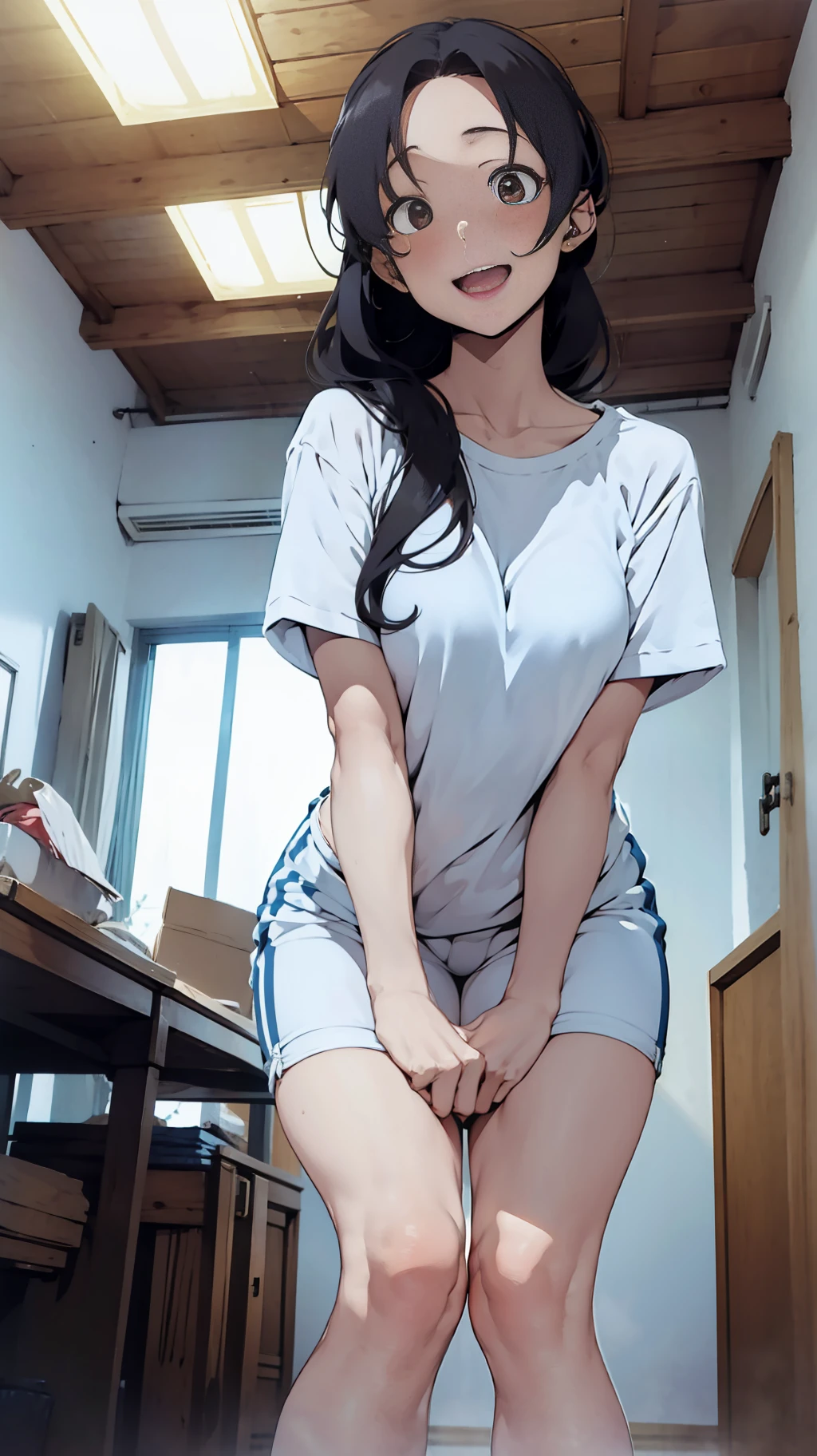one woman, spread legs, put hands between legs,from below, tall of a person,white t-shirt,blue short pants,thin,gleaming skin,beautiful face,sharp eyes,brown eyes,flushed cheeks,cool,laughing,long hair,pony tale, black hair,slender face,indoor,illustration style,anime style,masterpiece, extremely fine and beautiful,illustration,adult woman