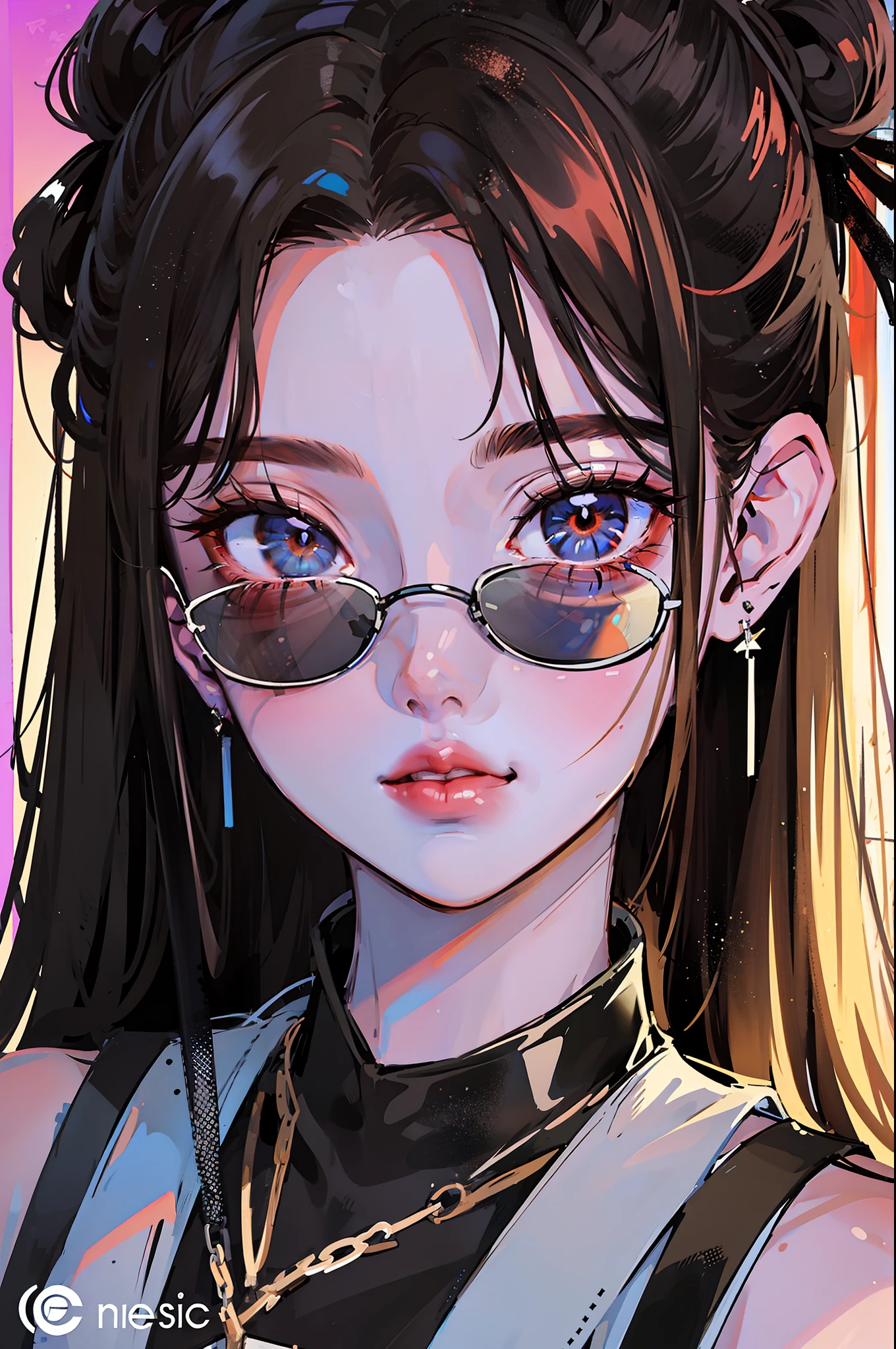 (Portraits:1.4), (masterpiece:1.2, best quality:1.2), from above, upper body, 1girl, Look up, face focus, extremely detailed face, extremely detailed eyes, good-looking, make up, finger on lips, sunglasses, fashion wear, earrings,