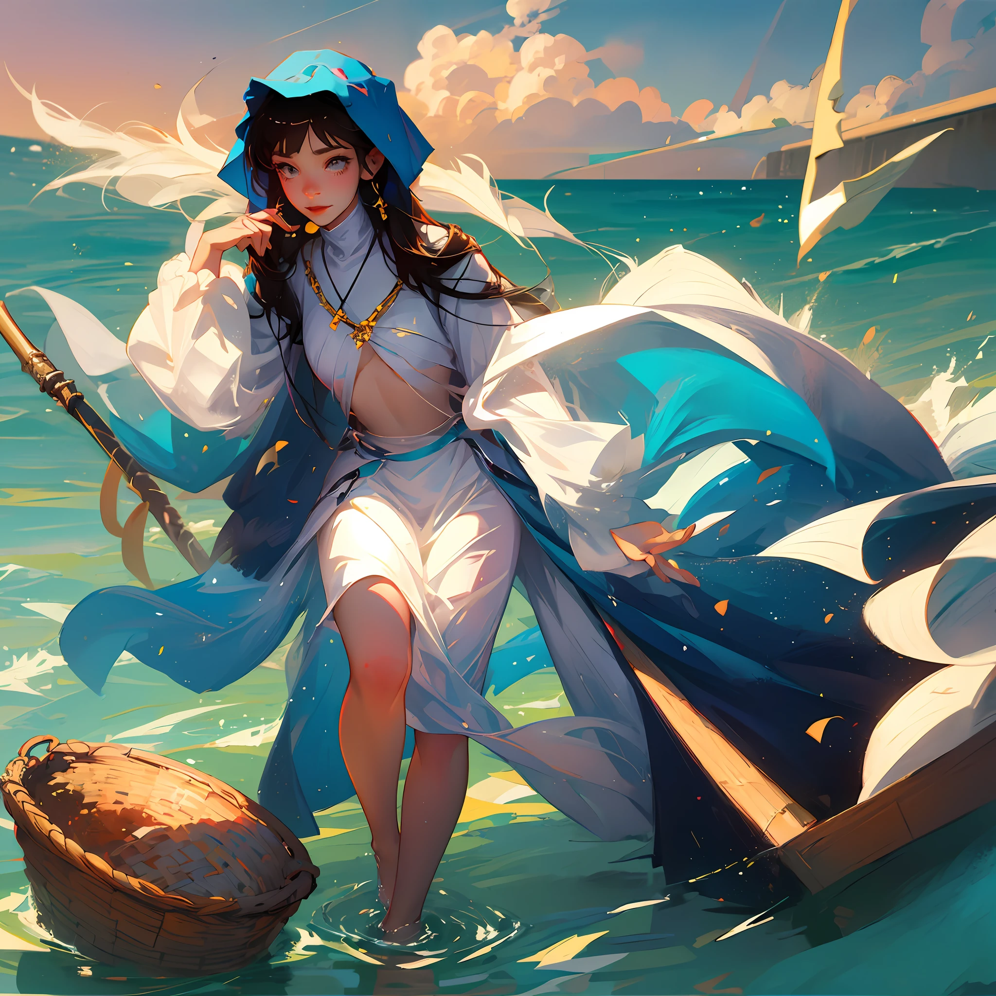 Blonde Anime woman happy on a beach, dresed like a nun, revealing clothing, foot, ishtar,rin --auto