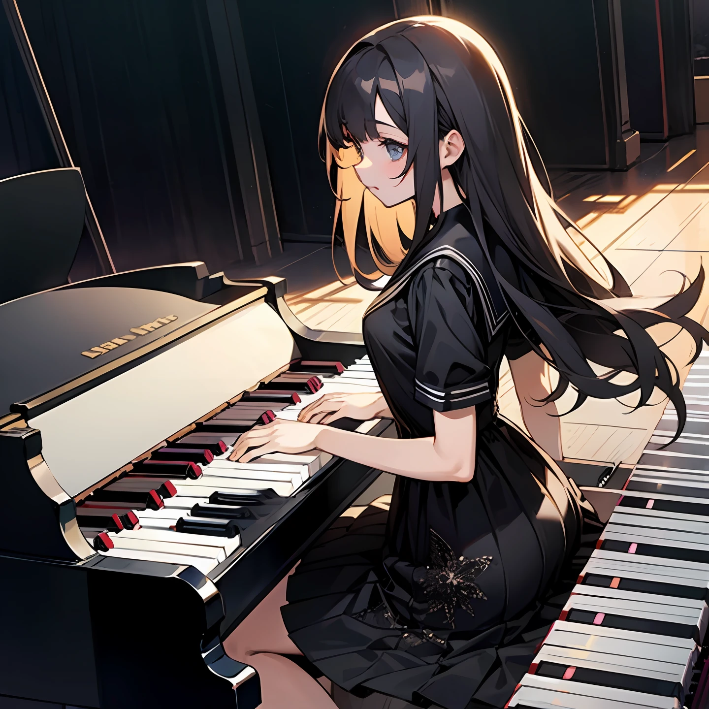 female high-school student,black color dress,stage,Play the piano
