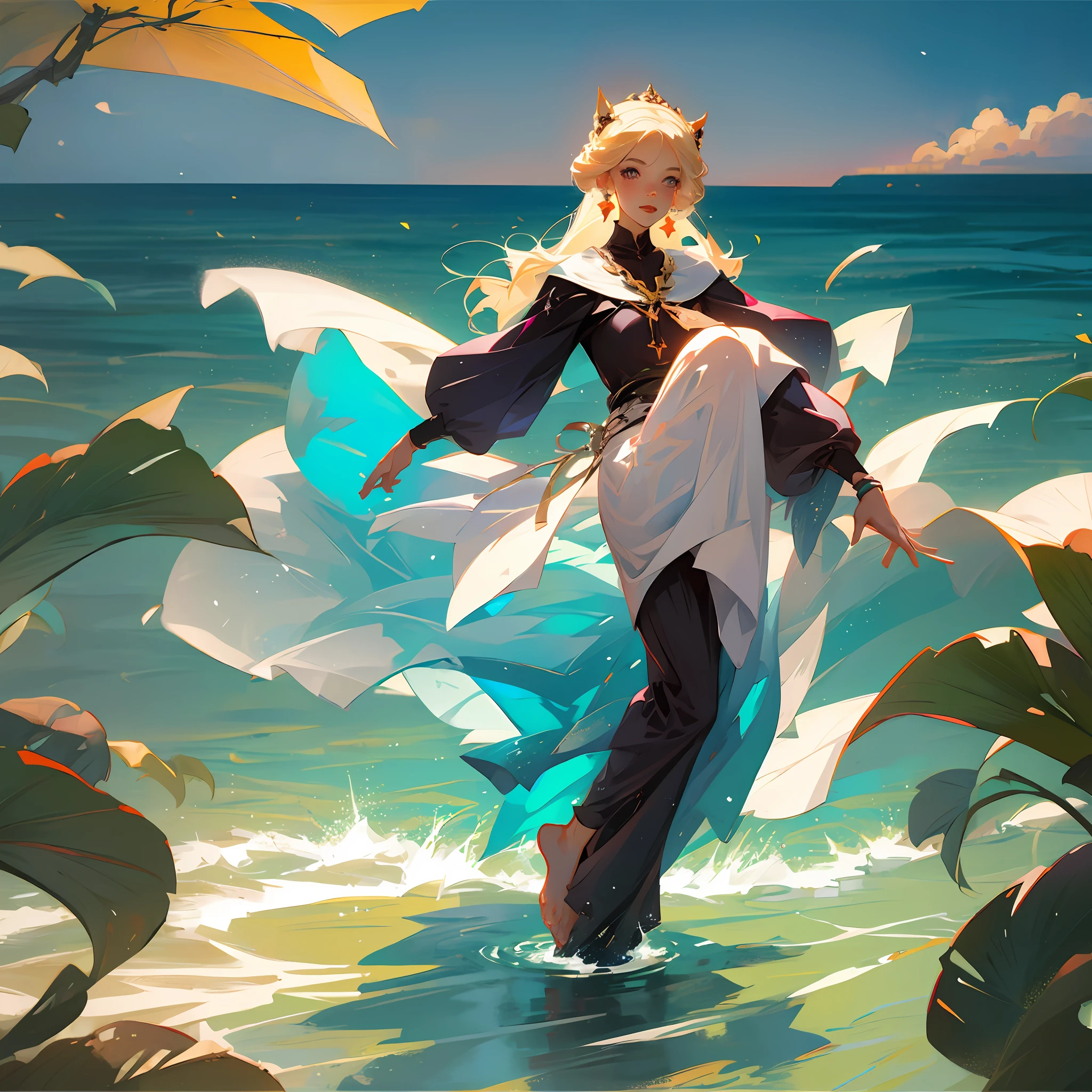 Blonde Anime woman happy on a beach, dresed like a nun, revealing clothing, foot, ishtar,rin --auto