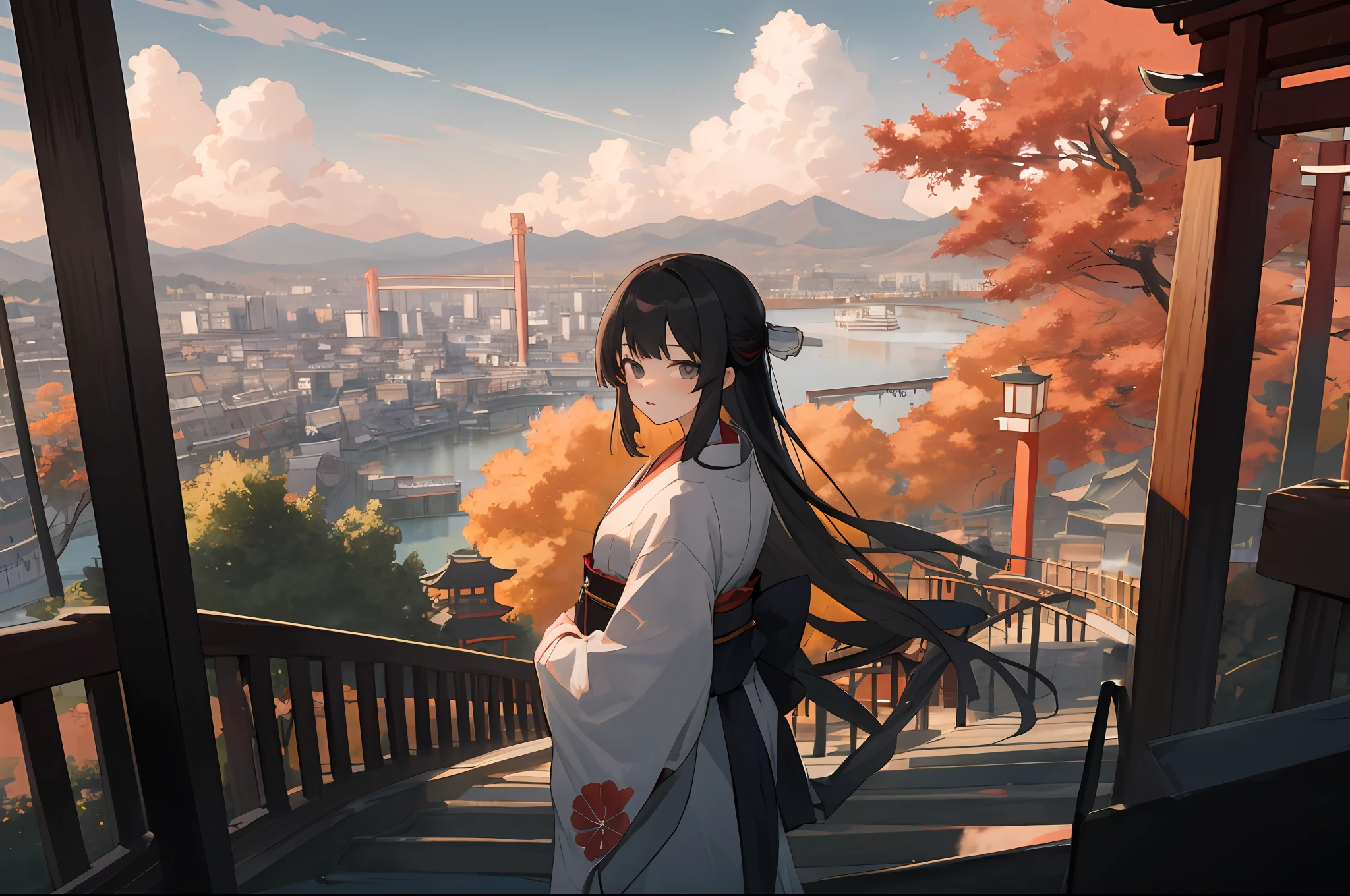 1girll,architecture,Autumn,bangs,black_eyes,black_Hair,Bridge,Building,Bush,Castle,Chinese_clothes,City,Cityscape,smoke clouds,Cloudy_sky,day,dongh_Asian_architecture,fence,flower,sonoko,gate,Grey_eyes,Hair_decorations,Hanfu,house,Japanese_clothes,komono,Lake,lamp post,Long_Hair,Long_Sleeves,Looking_at_peeping at the viewer,Mountain,Obi,Outdoors,pagoda,parted_Lips,railing,River,Road,sash,scenery,Shrine,sky,skylines,skyscraper,solo,stone_lantern,street,Sunset,Temple,Torii,Tower,Town,tree,Very_Long_Hair,White_komono,White_Robe,wide_Sleeves,Wooden_fence