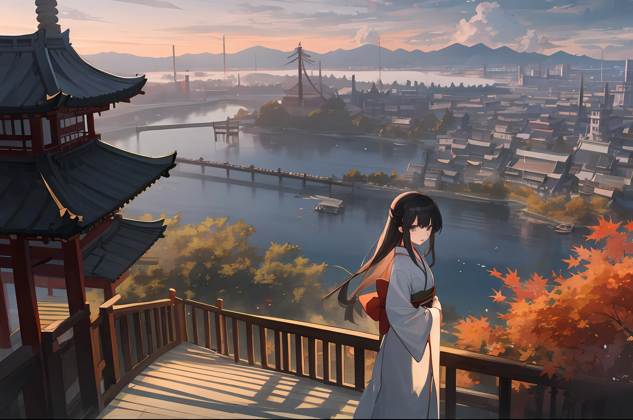 1girll,architecture,Autumn,bangs,black_eyes,black_Hair,Bridge,Building,Bush,Castle,Chinese_clothes,City,Cityscape,smoke clouds,Cloudy_sky,day,dongh_Asian_architecture,fence,flower,sonoko,gate,Grey_eyes,Hair_decorations,Hanfu,house,Japanese_clothes,komono,Lake,lamp post,Long_Hair,Long_Sleeves,Looking_at_peeping at the viewer,Mountain,Obi,Outdoors,pagoda,parted_Lips,railing,River,Road,sash,scenery,Shrine,sky,skylines,skyscraper,solo,stone_lantern,street,Sunset,Temple,Torii,Tower,Town,tree,Very_Long_Hair,White_komono,White_Robe,wide_Sleeves,Wooden_fence