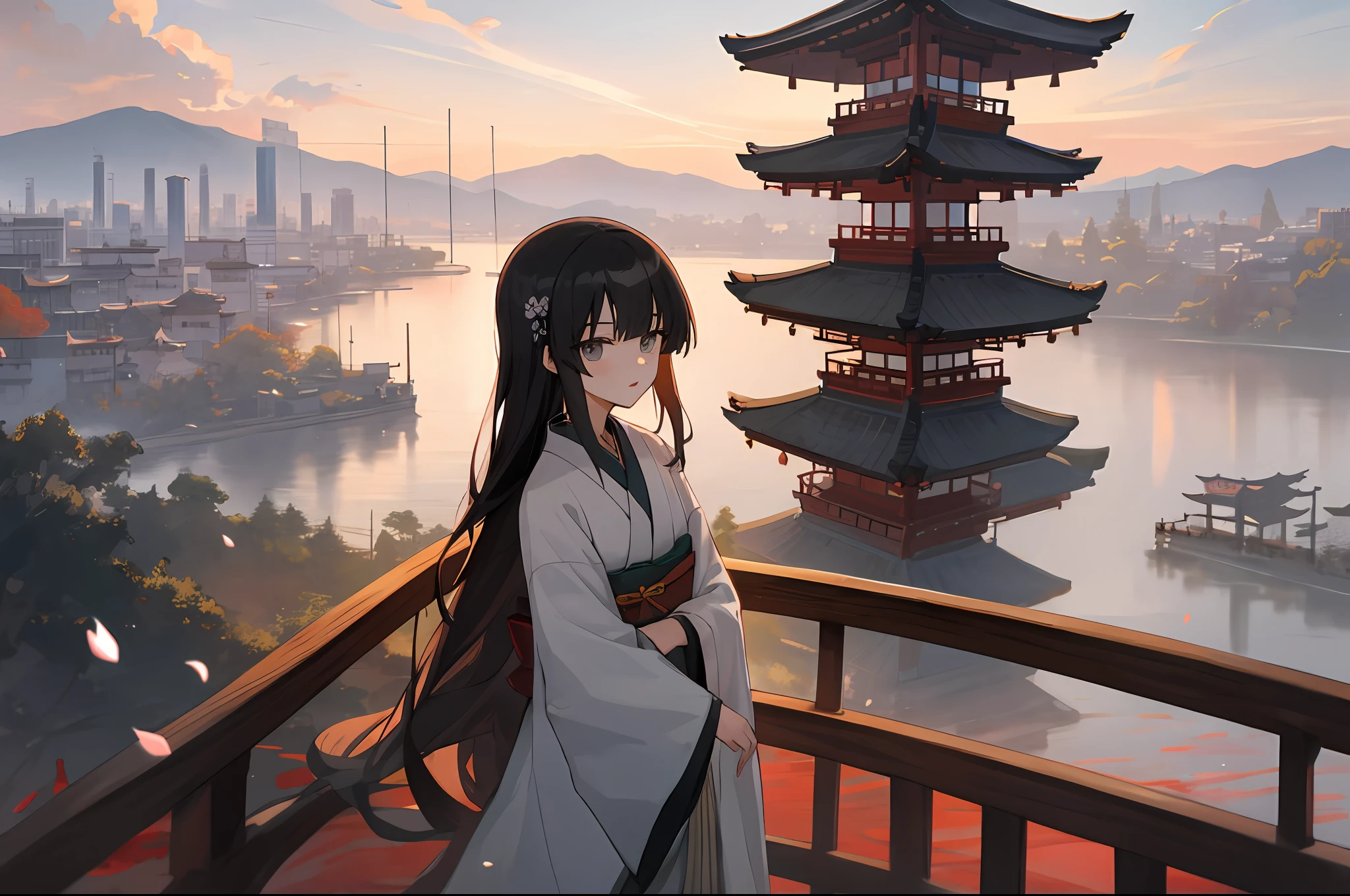 1girll,architecture,Autumn,bangs,black_eyes,black_Hair,Bridge,Building,Bush,Castle,Chinese_clothes,City,Cityscape,smoke clouds,Cloudy_sky,day,dongh_Asian_architecture,fence,flower,sonoko,gate,Grey_eyes,Hair_decorations,Hanfu,house,Japanese_clothes,komono,Lake,lamp post,Long_Hair,Long_Sleeves,Looking_at_peeping at the viewer,Mountain,Obi,Outdoors,pagoda,parted_Lips,railing,River,Road,sash,scenery,Shrine,sky,skylines,skyscraper,solo,stone_lantern,street,Sunset,Temple,Torii,Tower,Town,tree,Very_Long_Hair,White_komono,White_Robe,wide_Sleeves,Wooden_fence