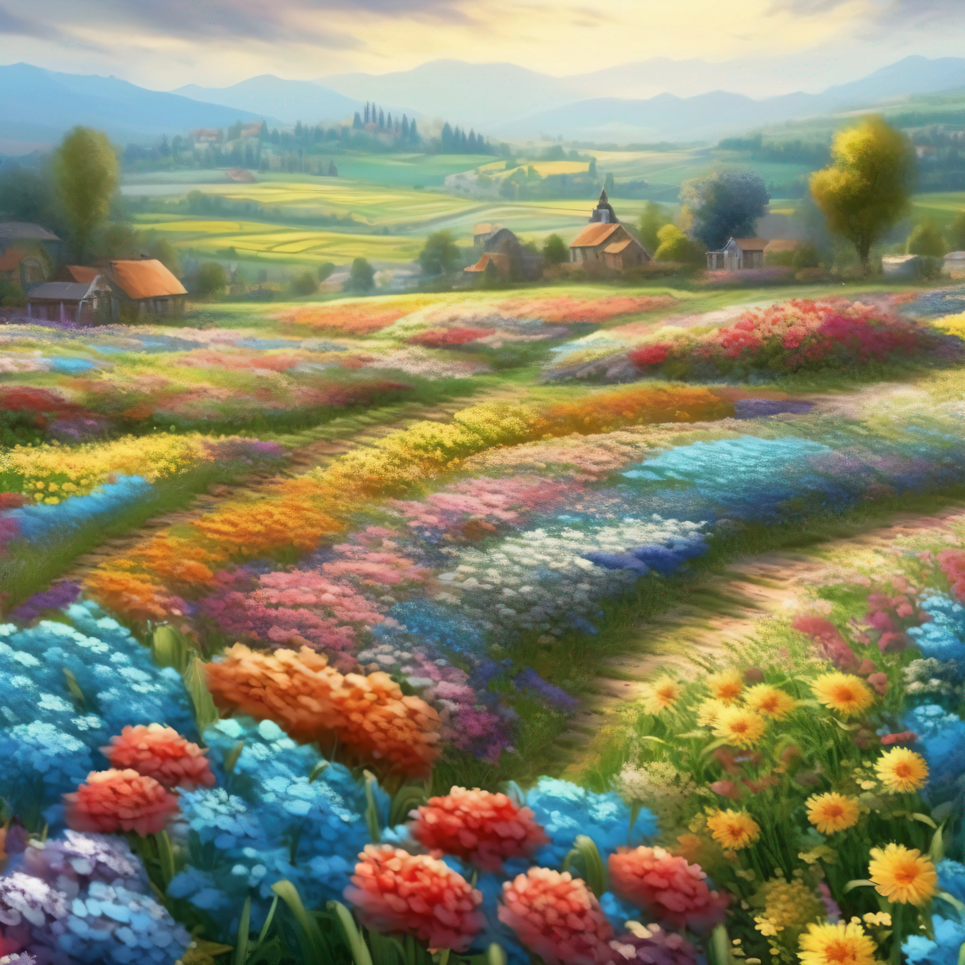 Beautiful scenery of flower fields, lot of flowers，blue-sky，Beautiful art UHD 4 K, Detailed scenery —width 672, author：Franz Hergi, scenery art detailed, 8K high quality detailed art, 4k highly detailed digital art, beautiful high resolution, 4 k matte thomas kinkade