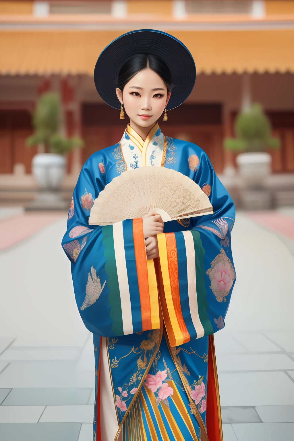 (RAW photo, best quality), (realistic, photo-realistic:1.3), best quality, highly detailed, masterpiece, ultra-detailed, illustration,1girl, best quality, extremely detailed CG unity 8k wallpaper, Amazing, cinematic lighting, ancient_style, Ao Dai, Vietnamese traditional, arafed asian woman in traditional dress holding a fan, traditional Vietnamese clothing, wearing ancient Vietnamese clothes, palace , Vietnamese empress, wearing ornate silk clothes, with acient Vietnamese clothes, Vietnamese costume, Nguyen dynasty, ancient Vietnamese princess