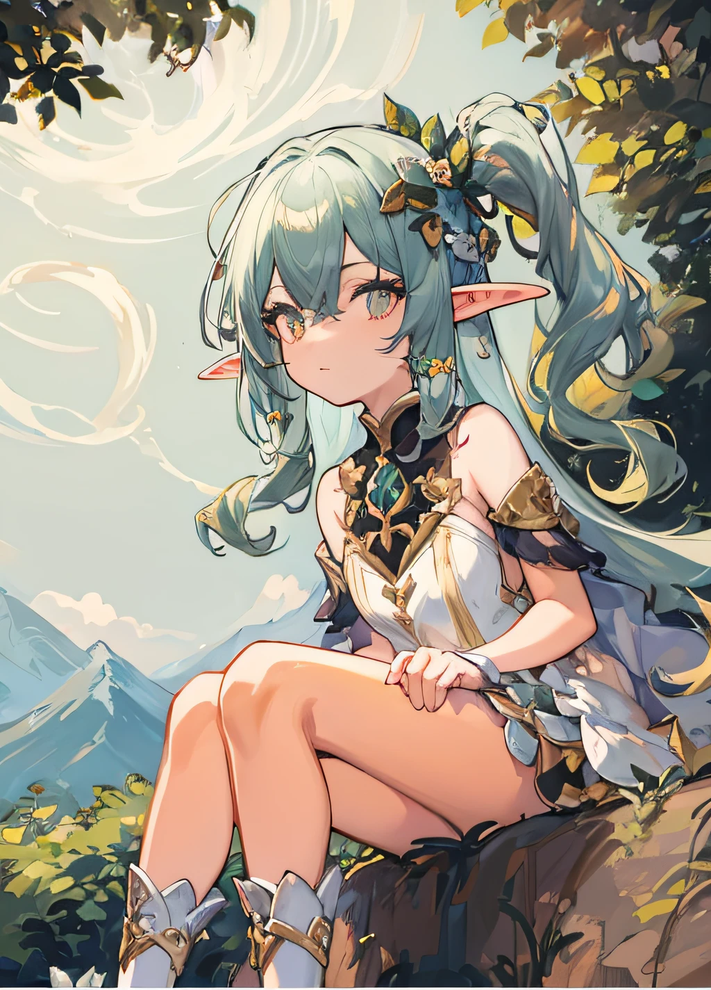 Anime girl sitting on rock，The background is a mountain, Elf Girl, alluring elf princess knight, portrait of an elf, Elf Princess, she has elf ears and gold eyes, An elf queen, portrait of an elf, elf girl wearing an flower suit, Portrait Chevaliers du Zodiaque Fille, Detailed digital anime art, trending on artstation pixiv --auto