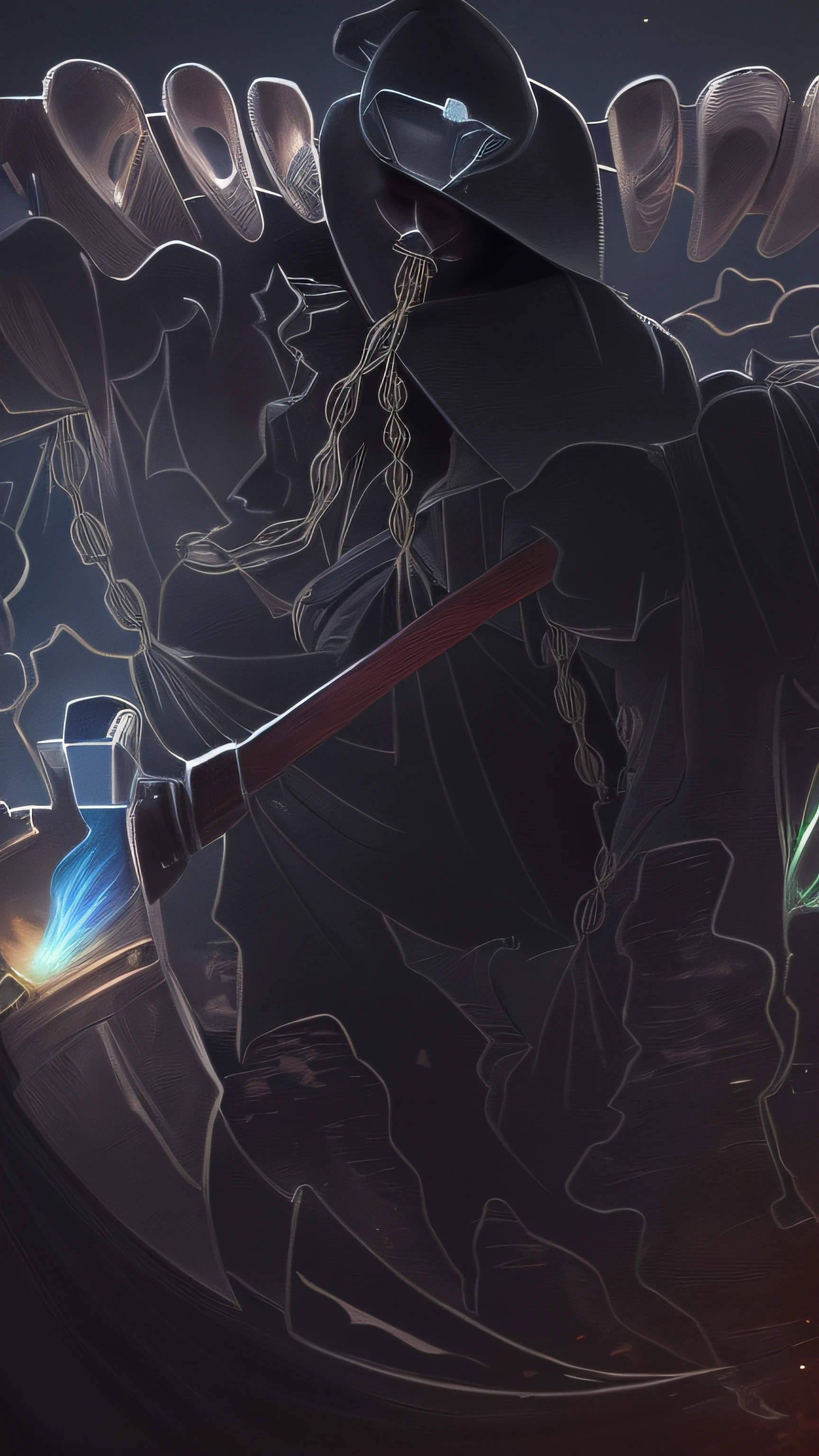there is a man in a costume holding a sword in a forest, pintado como uma arte conceitual de jogo, arte de fantasia digital 3d detalhada, manto texturizado de tecido antigo medieval, Vencedor do concurso Polycount, arte conceitual estilizada, arte conceitual sombria, arte conceitual acabada, Vencedor do concurso Artstation, cavaleiro morto-vivo, arte conceitual arcana, Epic Fantasy Digital Art Style, representation of Death, foice reluzente, 3D-rendering, Raytraced, ray-traced, Fulgurar, Bokeh, NVIDIA