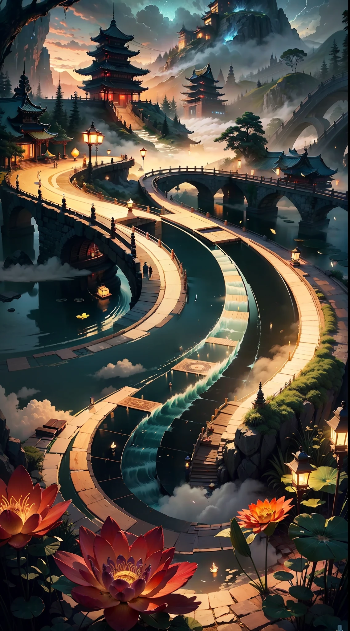 Generates night hours,Image of an ancient Chinese palace located above the clouds,shrouded in mist,Surrounded by majestic landscape。The palace should be decorated with glazed tiles、BUDDHA STATUE、Lanterns and bright colors,Such as blue、green color、Red and gold。The image should include hot springs,Lotus flowers and splashing water,As well as elements of color and splash ink,to add to the fantastic atmosphere。The final image should be a masterpiece,With high-quality graphics and intricate details,Transports the viewer to a world full of wonder and magic