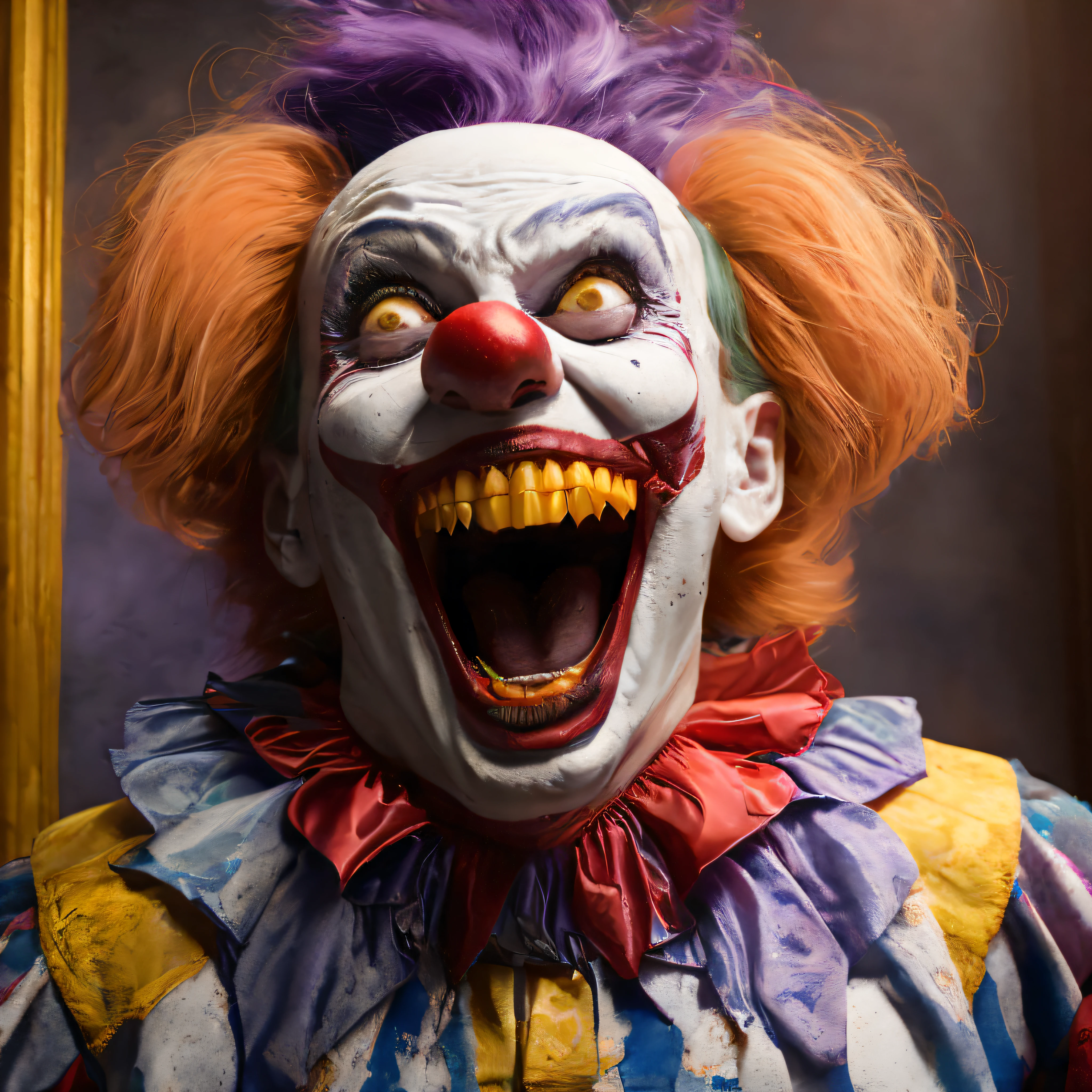 Cackling Madness	 An image capturing an evil clown mid-laughter, their head thrown back, mouth open wide, and eyes filled with madness, intensifying the sense of chaos and malevolence, Ultra realism, color field printing, high detail, UHD, 8k, anatomically correct, cinematic lighting 4d quality --auto