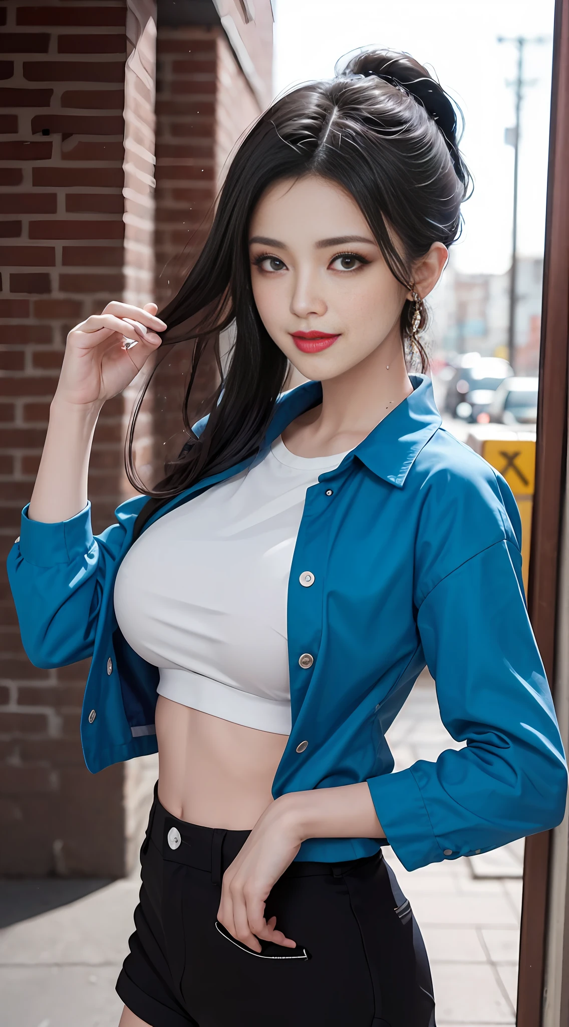 A girl, after school by the sea, with a big Kunpeng behind her, all over. She is a beautiful, pretty, cute, cute, young, teenager. She is slim, slender, petite, thin, (big breasts), (big breasts), (big breasts). She was sweaty, wet, and drenched. The clothes are transparent, there is sweat on the skin, and the hair is wet. She grinned and smiled. She looks natural, relaxed and unpretentious. Scheming face. Make faces. (sticking out his tongue), telling a secret, hiding a secret, shyness, excitement. She stared at the audience. She wears a black ponytail. She wore a school uniform, a rolled up shirt with a colored corduroy bra under the shirt, shorts of various colors, and two layers. Shirt lift,. Camera focused on her face, light shining on her face, very large aperture, ((f/1.2)), shallow depth of field, strong blur in background lens, ISO 3000, auto white balance, extremely detailed, professional lighting, soft light, raw photos, Uniqlo fashion models, best quality, masterpiece, award-winning photography, huge file size, 8k, high resolution, shot on Sony DSLR.