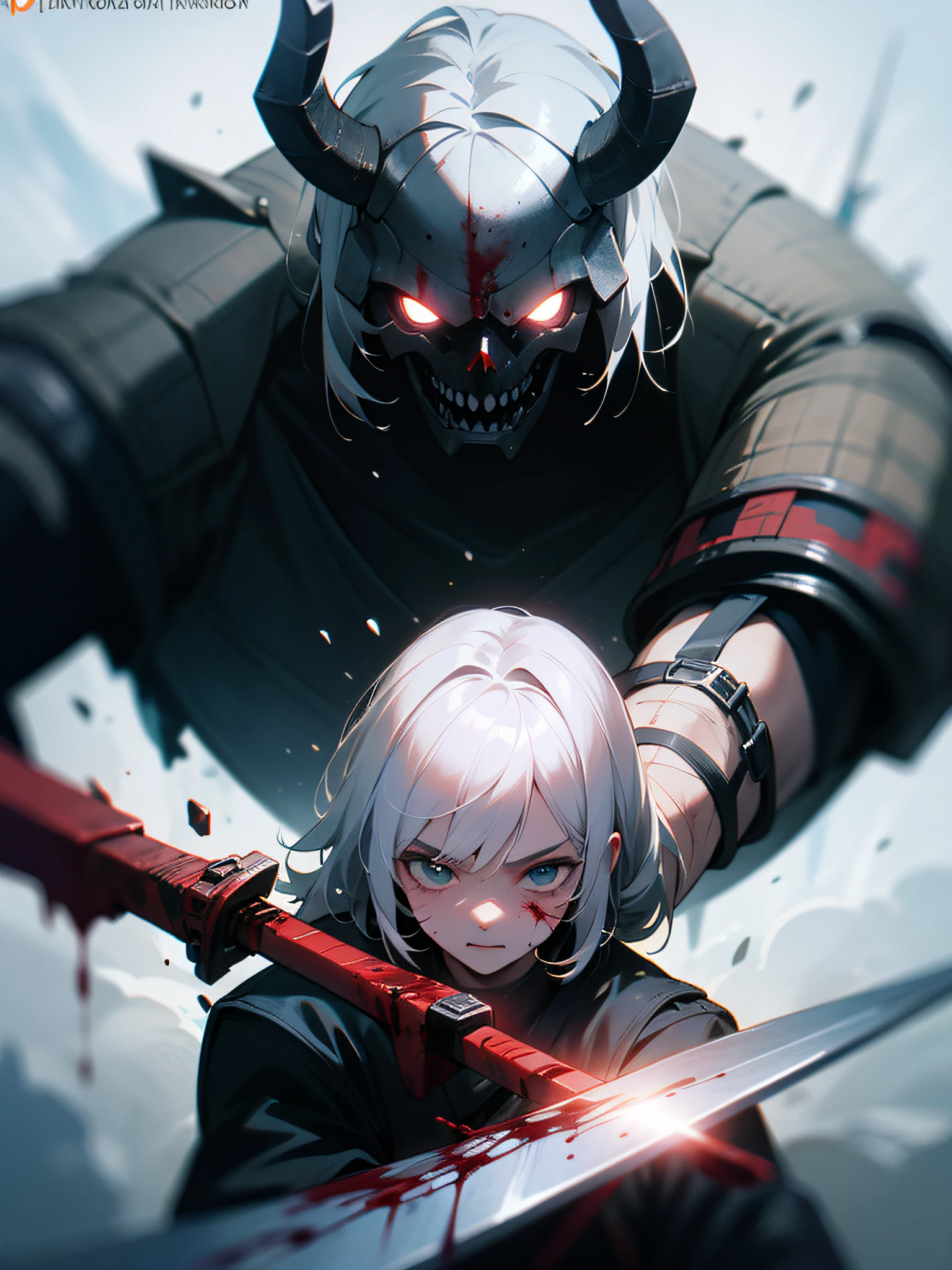 An epic scene in a desolate village reduced to ruin, it is snowing and there is a young white-haired boy who even bruised and bleeding holds a sword and faces a giant demon with dark skin and big horns, Best quality, masterpiece, ultra high resolution, detailed background, realistic, illustration, blood splatter, volumetric lighting, depth of field, ultra detailed, 8k,trending on artstation pixiv