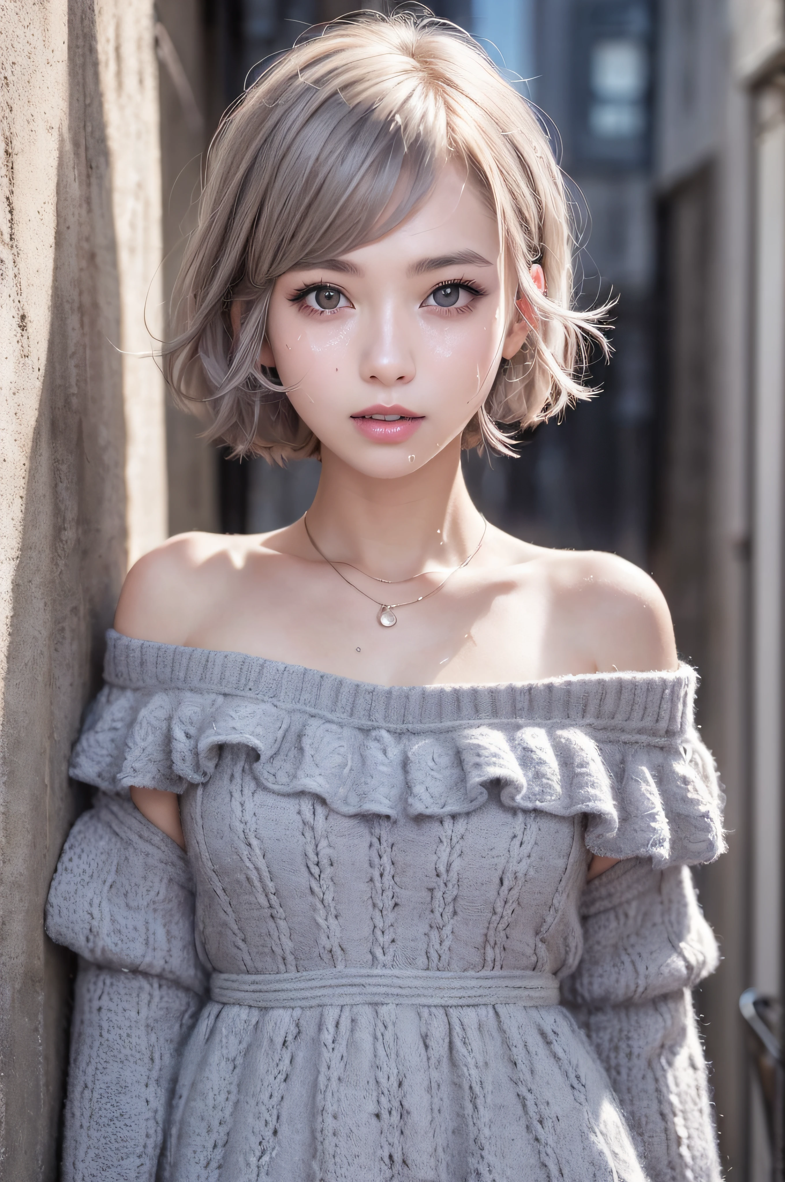 (delicate illustration:1.3)、(masterpiece:1.0)、(beste-Qualit:1.4)、(The ultra-Highres:1.2)、(Hphotorealistic:1.4)、(8K、Raw photography:1.2)、(foco nítido:1.3)、fullllbody、(23years old:1.4)、(((One girl wearing a detailed off-shoulder knitted dress)))、((Girl with short bob hair))、(((Girl with gray hair color)))、(Brightly colored clothing)、(Clothes with floral patterns)、(((urban backdrop)))、((Brown contacts、Sweaty white skin))、鎖骨、hugetits、(Happy smiling face)、landscapes、bangss:1.2、beautiful detailed eye、(sface focus)、 When you look into the camera、Slimed、Slender West、Thin leg、(cute little)、(Beautiful fece)、showing the view from above、pureerosface_v1、ulzzang -6500-v1.1