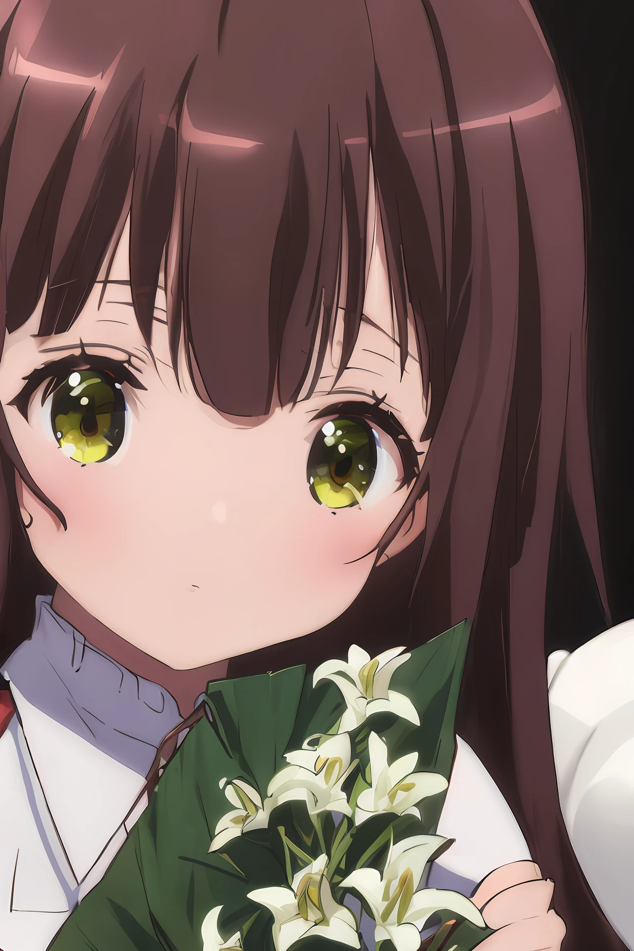 White lilies with leaves block a brown hair，The face of a girl with bangs