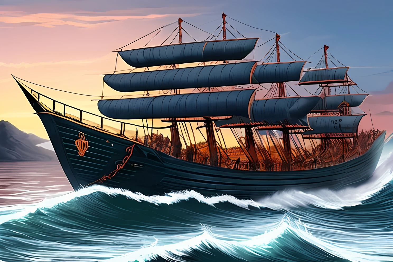 Um barco grande, Ark of Noah, com muitos animais, desenho