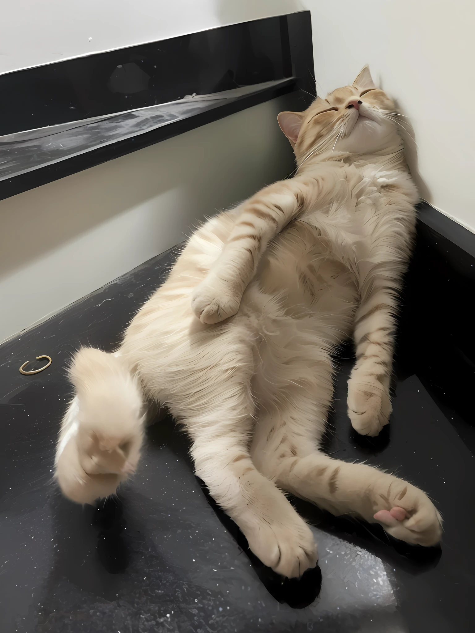 there is a cat that is laying down on the floor, he is very relaxed, cat sleeping, in a chill position, relaxed pose, doing a hot majestic pose, doing a majestic pose, she is laying on her back, happy wise. he has bouncy belly, resting on chest, cute furry needs your help, very perfect position, very artistic pose, satisfied pose