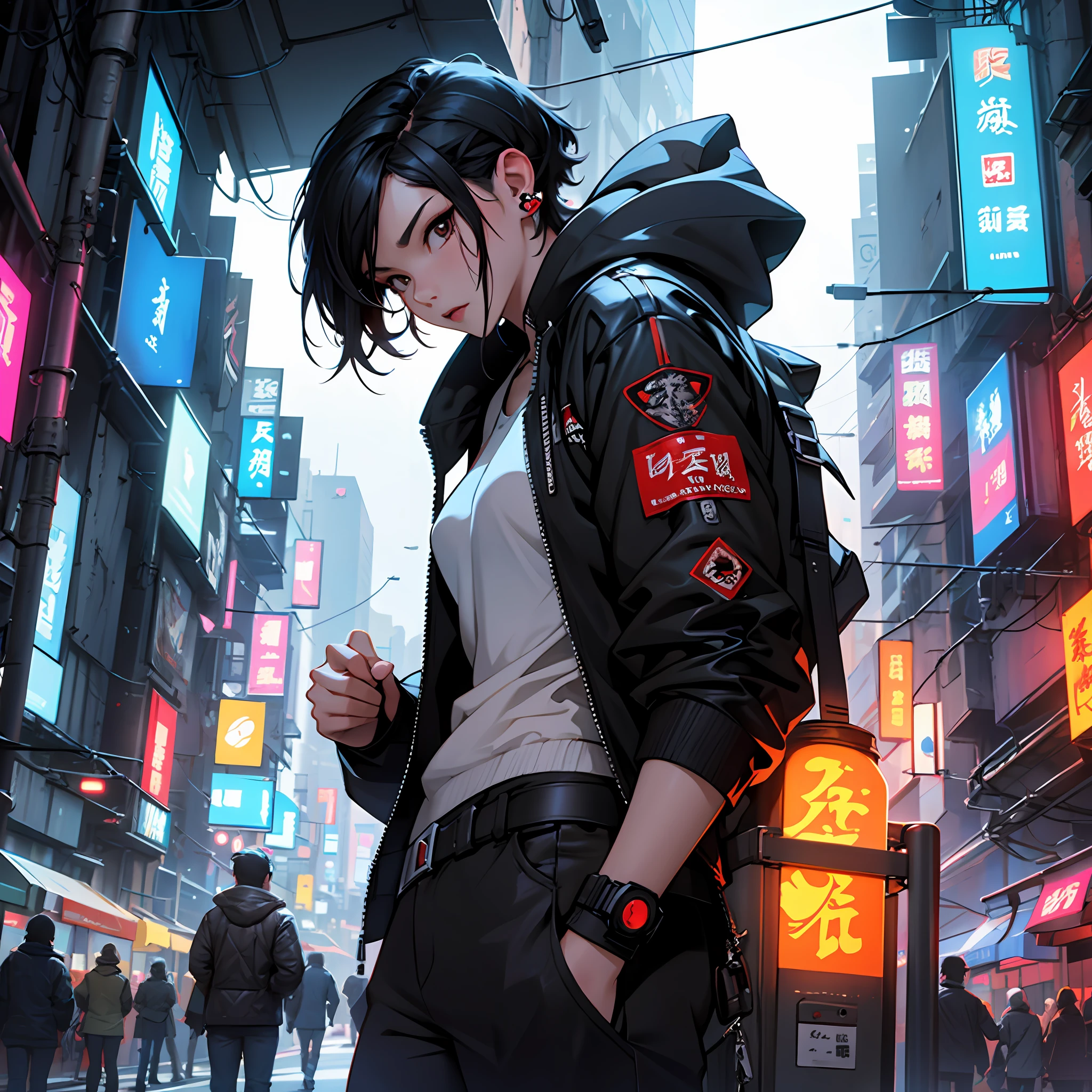 A domineering and fierce Chinese girl with short hair in her ears,Has black hair,Has superpowers,Be in a cyberpunk world --auto