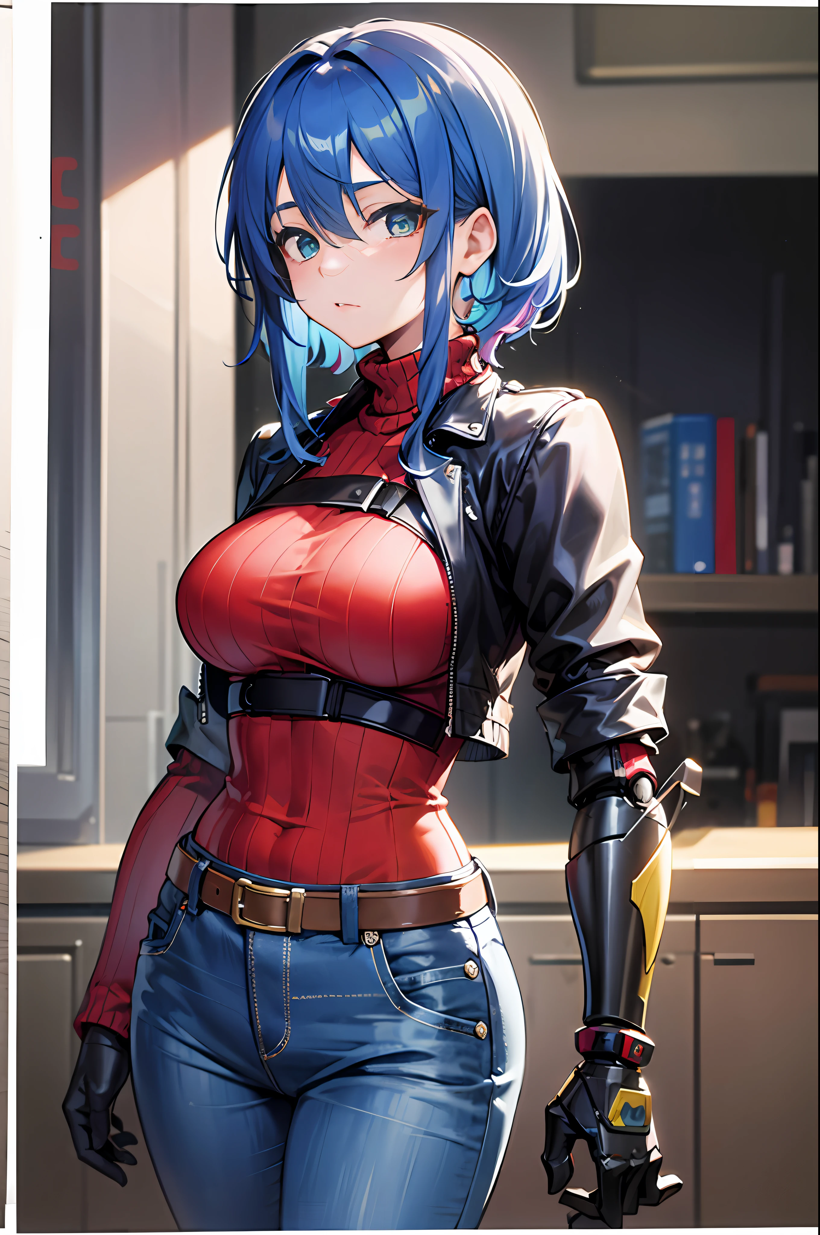 tmasterpiece，high high quality，1girl，solo，mideum breasts，Short blue hair，greeneyes，（hair between eye），（00BFFE sprite scissors），Left arm，Left-handed robotic arm，Disappointed face，（Embroidered sweater，Cropped flared jeans，Leather blazer）