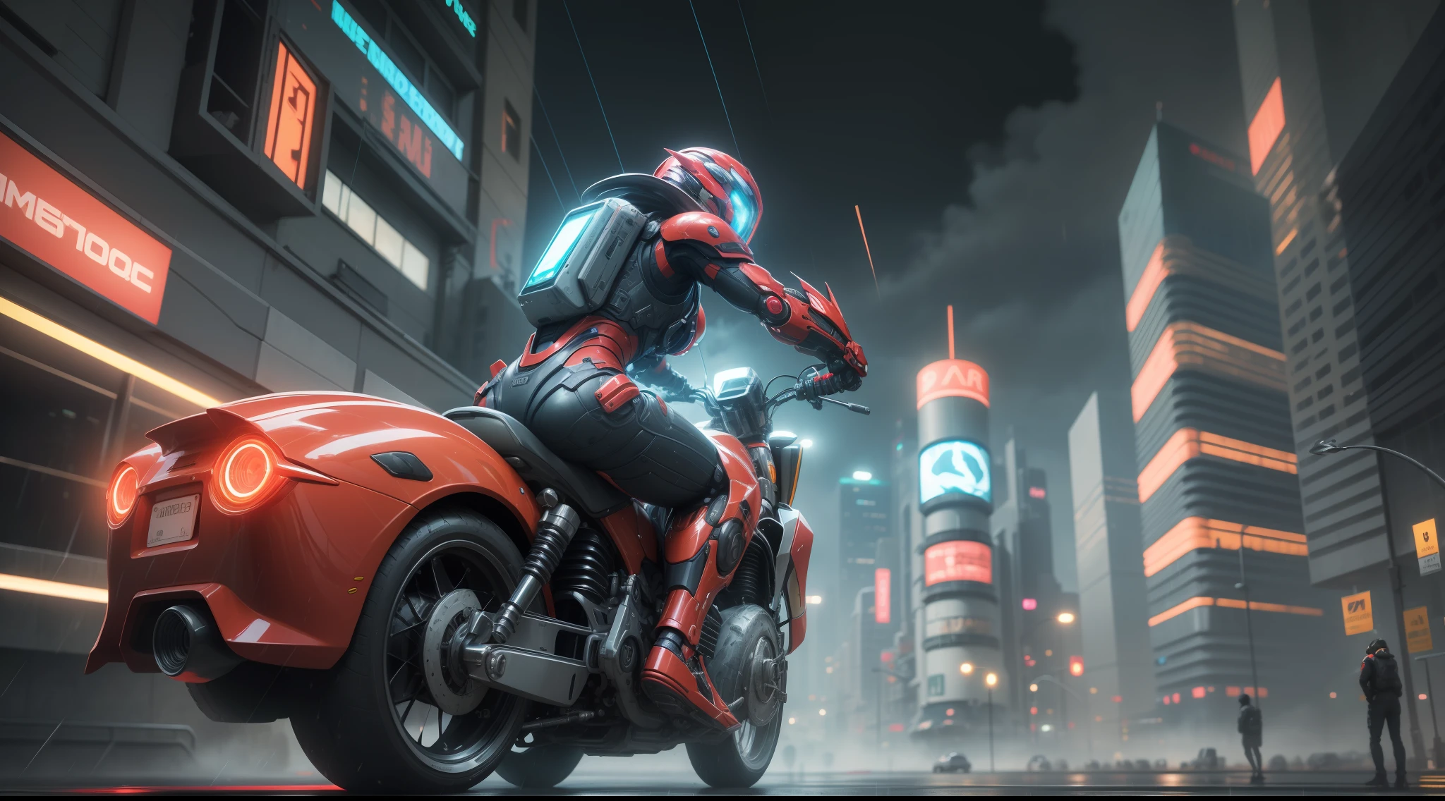 maximum quality, photorealism, 8k, film, high resolution, woman, 8k, perfect face, 8k, intricate details, bright eyes, intricate details, riding a futuristic flying motorcycle, 8k, with a laser gun on his back and spacesuit with neon lights, 8k, next to a giant red, silver and gold robot, maximum quality, 8k, background of a futuristic city,  sinuous buildings, metal, glass, concrete, dramatic light, fog, rain, water, view from below, general plan, medium depth of field, lomography, neon, maximum quality, beautiful, masterpiece, photorealism, 8k, realistic texture high resolution, film grain, film, cinematic