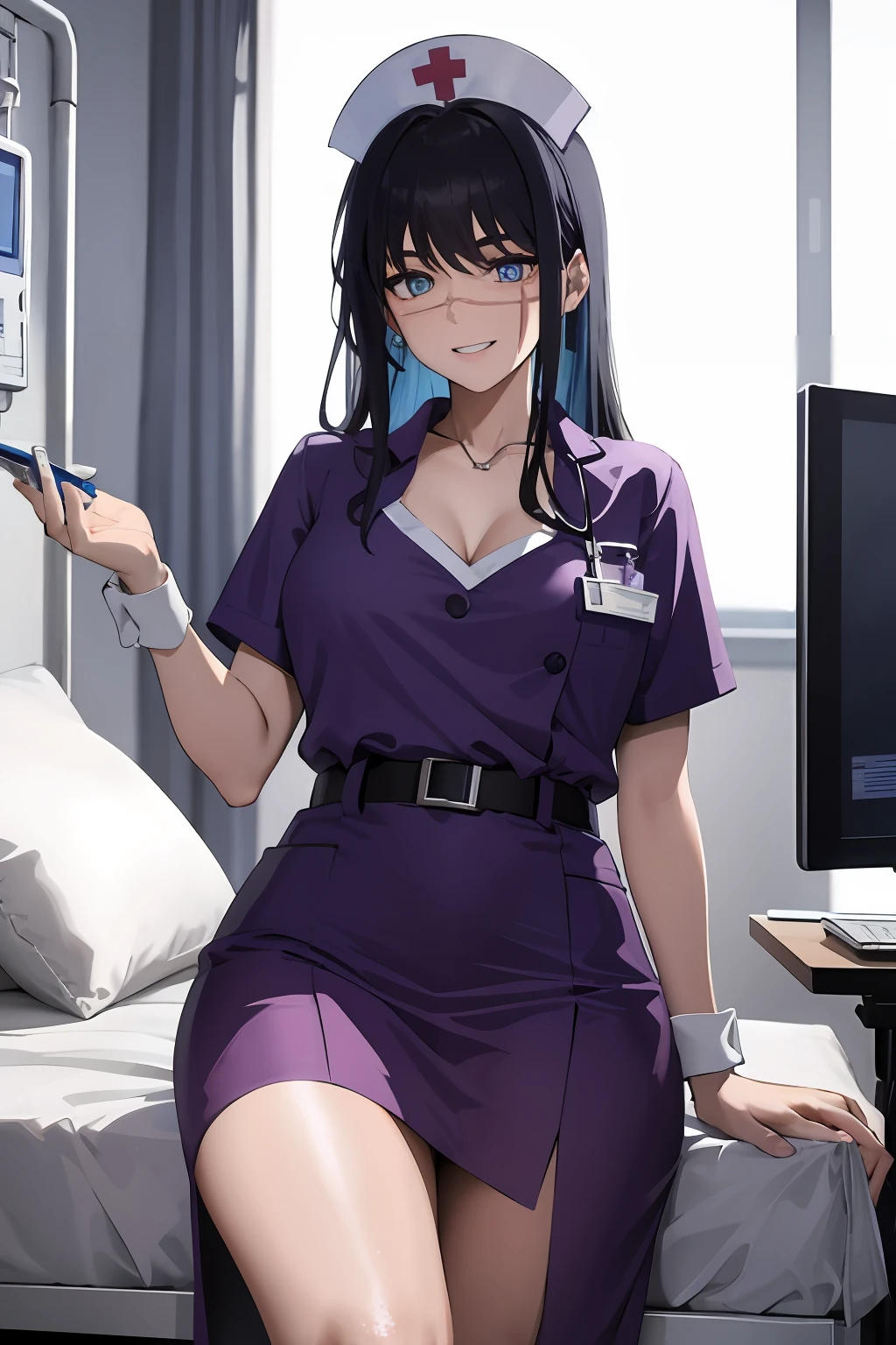 master work, best qulity, detailded, solo, 1girl, yoru, nurse, bas, seductive pose, nurse cap, rideaux de poitrine, gants, souriant, attentive, compatissant, interagir, amical, chaleureux, hospital, Medical Clinic, nursing position, chevet du patient, salle de traitement, Medical equipment, fournitures, hospital beds, moniteurs, medicaments, patients, Colleagues, traditionnel, bleu clair, protecteur, background, cadre, medical, clinique, chevet, traitement, equipment, fournitures, hospital bed, moniteur, medicaments, masque chirurgical, cheveux courts, seins moyens, beaux yeux bruns, décolleté, gros seins, transpiration, rougissement, respiration lourde,