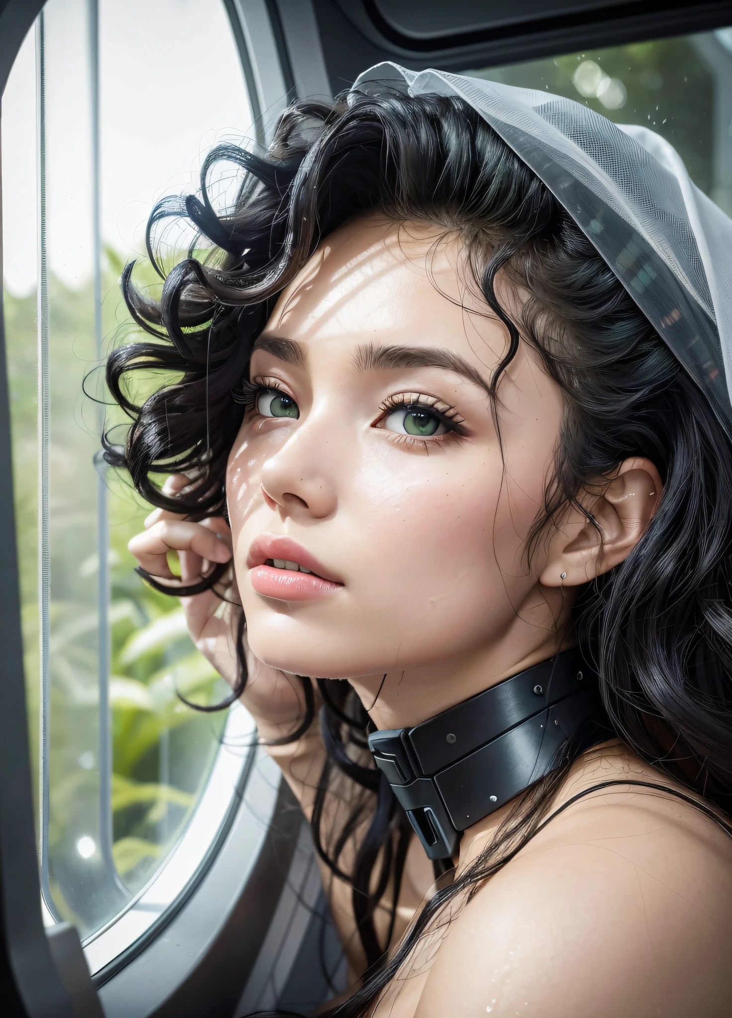 A beautiful woman looks through the window of a futuristic room in the futuristic spacecraft grom above at the jungle in the distance. The woman has (white skin), pale skin, juicy lips, bimbo lips, large green eyes (afro curly black hair), she od very tired. Her face is close to the glass, looks though the windows, his hands resting against the glass. You can see spend great exhaustion on her the face. Face in profile, Profile photo shoulder frame. Perfect hands, (she is wrapped in a sheet), She is naked, wet skin. The interior of the futuristic ship is white and black. (Bright morning light)