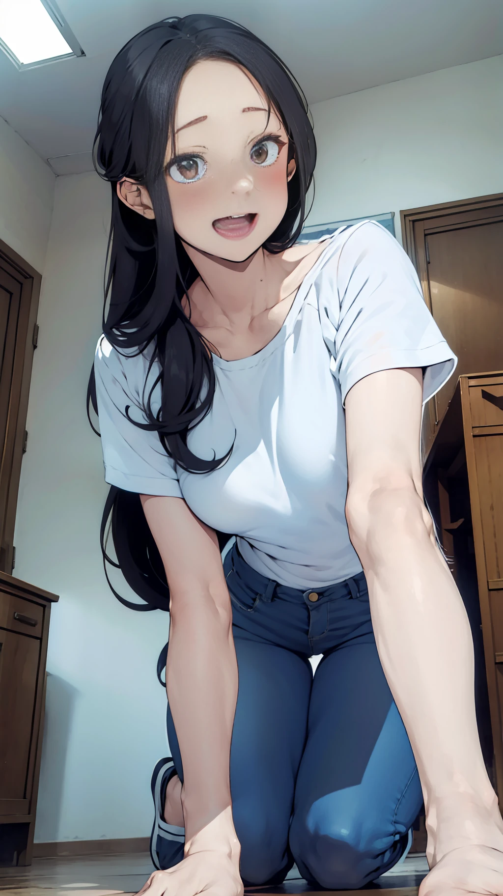 one woman, on all fours,from below, tall of a person,white t-shirt,blue short pants,thin,gleaming skin,beautiful face,sharp eyes,brown eyes,flushed cheeks,cool,laughing,long hair,pony tale, black hair,slender face,indoor,illustration style,anime style,masterpiece, extremely fine and beautiful,illustration,adult woman