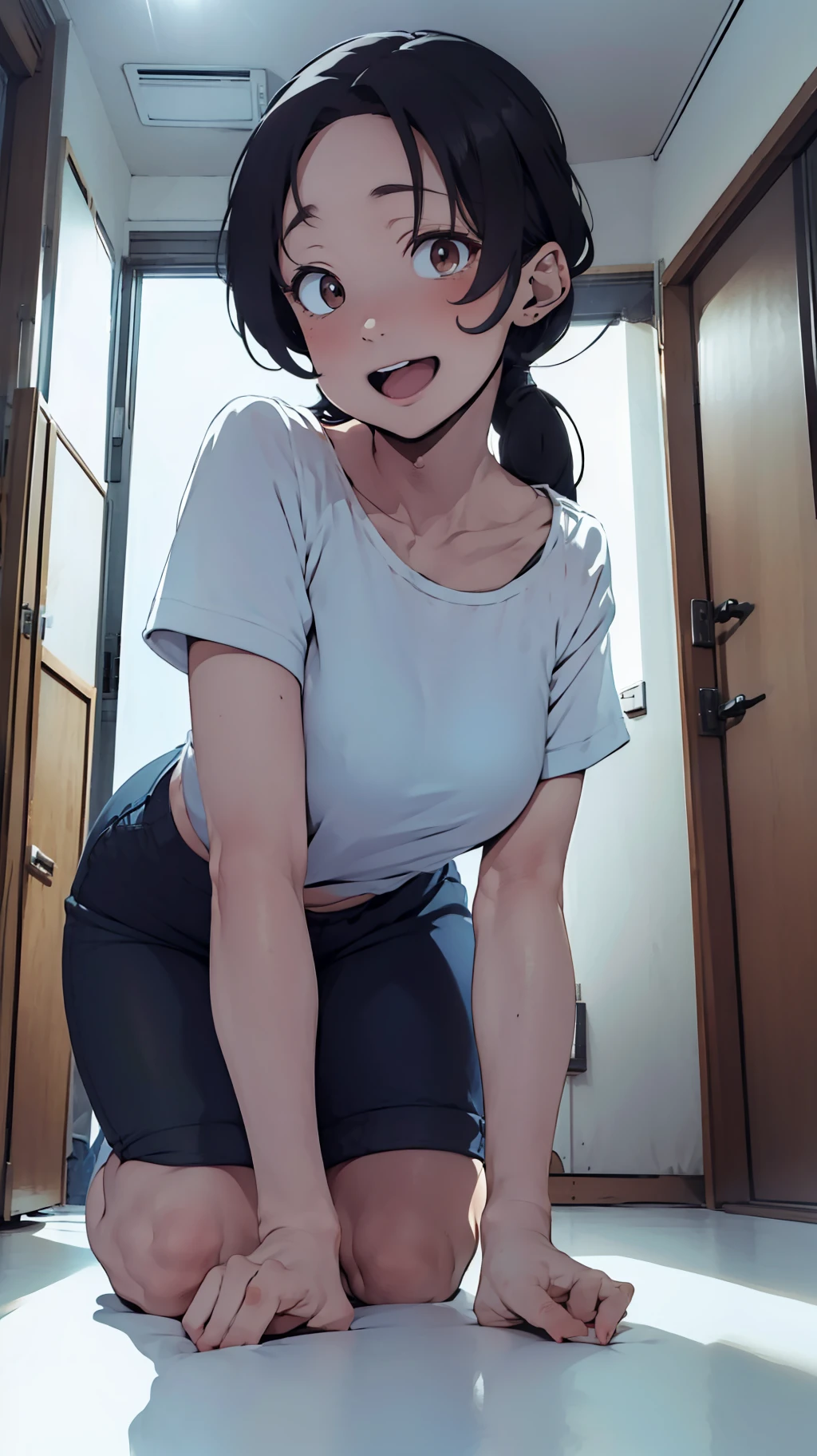 one woman, on all fours,from below, tall of a person,white t-shirt,blue short pants,thin,gleaming skin,beautiful face,sharp eyes,brown eyes,flushed cheeks,cool,laughing,long hair,pony tale, black hair,slender face,indoor,illustration style,anime style,masterpiece, extremely fine and beautiful,illustration,adult woman