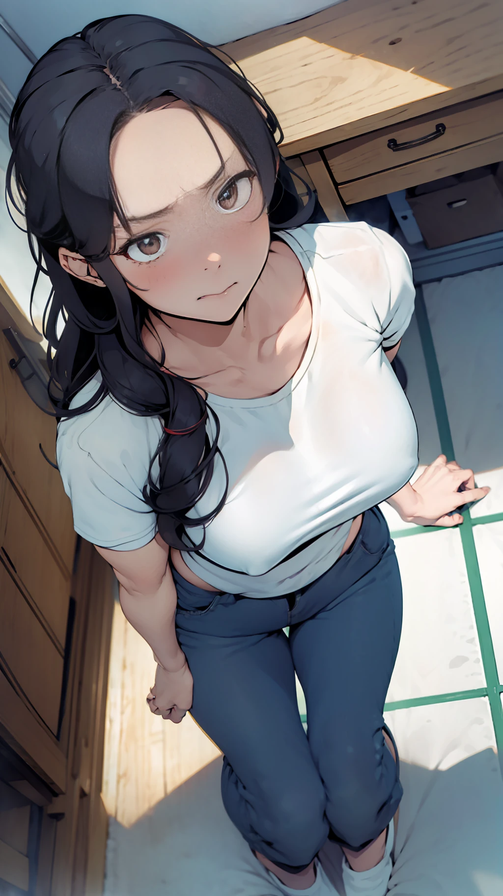 one woman, seiza,from above, tall of a person,white t-shirt,blue short pants,thin,gleaming skin,beautiful face,sharp eyes,brown eyes,flushed cheeks,cool,embarrassed,angry,long hair,pony tale, black hair,slender face,indoor,illustration style,anime style,masterpiece, extremely fine and beautiful,illustration,adult woman