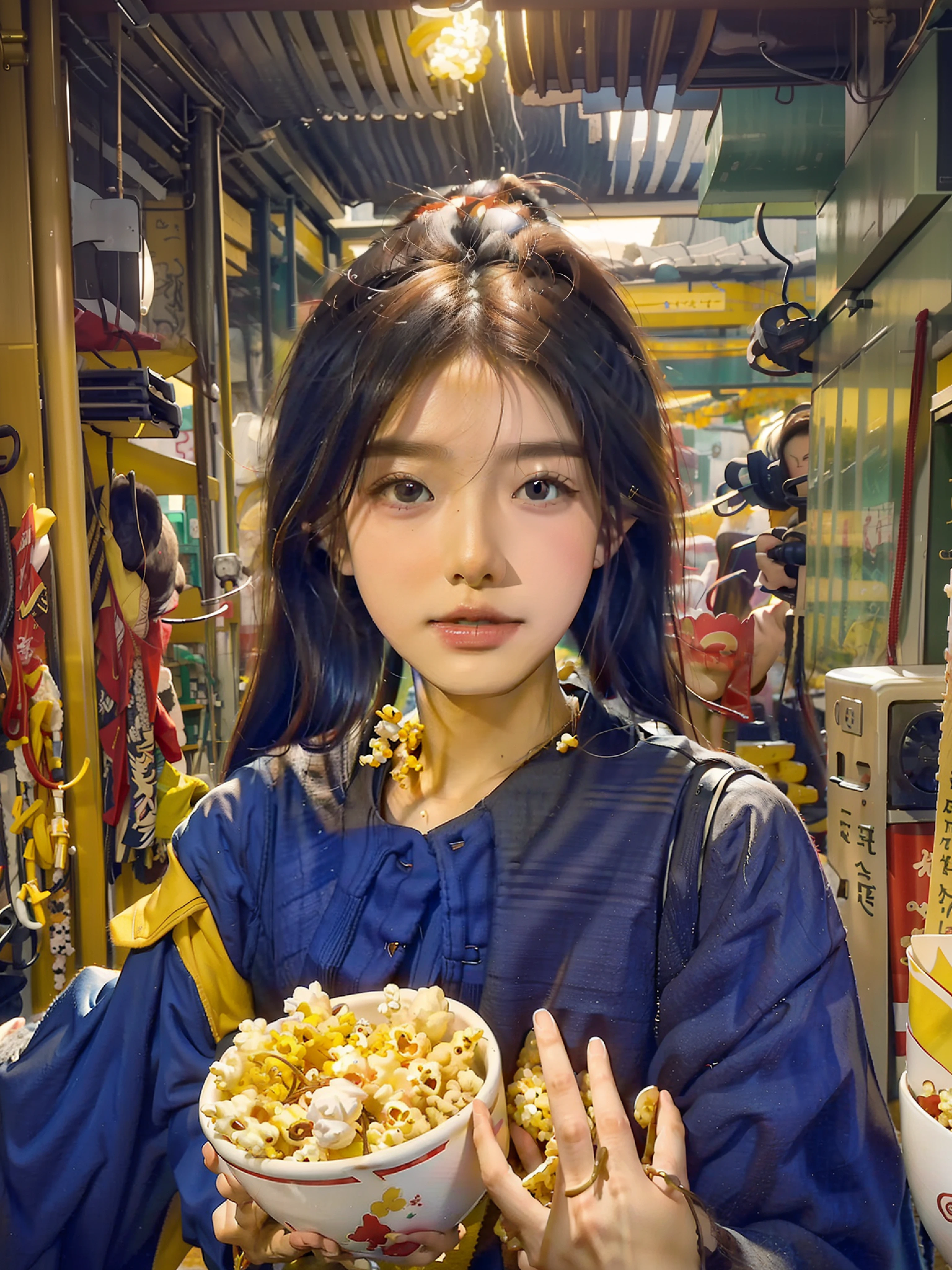 there is a woman holding a bowl of popcorn in a hallway, xintong chen, wenfei ye, wenjun lin, chengyou liu, xision wu, Lin Qifeng, Wang Qichao, Li Zixin, pengzhen zhang, jaeyeon nam, Yun Ling, gongbi, Lu Ji, jinyiwei, Shin Jinying, mingchen shen