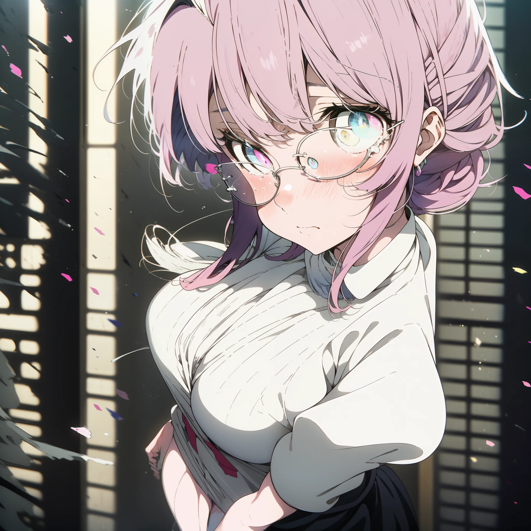 2d, masterpiece, best quality, anime, highly detailed face, highly detailed eyes, highly detailed background, perfect lighting, 1girl, solo, standing, ,koe no katachi, round glasses,silent voice,Shouko Nishimiya, Massive boobs, blush, Full body, beautiful eyes, heterochromia, sad, crying,