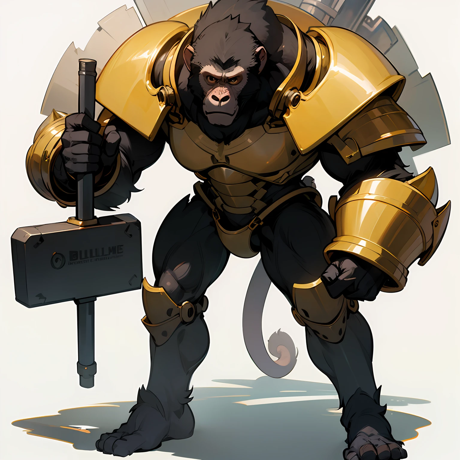 Male monkey, gorilla, Wearing machine armor、He has a huge hammer, The hammer has a banana-shaped motif, Bipedal, Slender, musculine, fullllbody, a white background, without background,No Abandonment,　padding:1em