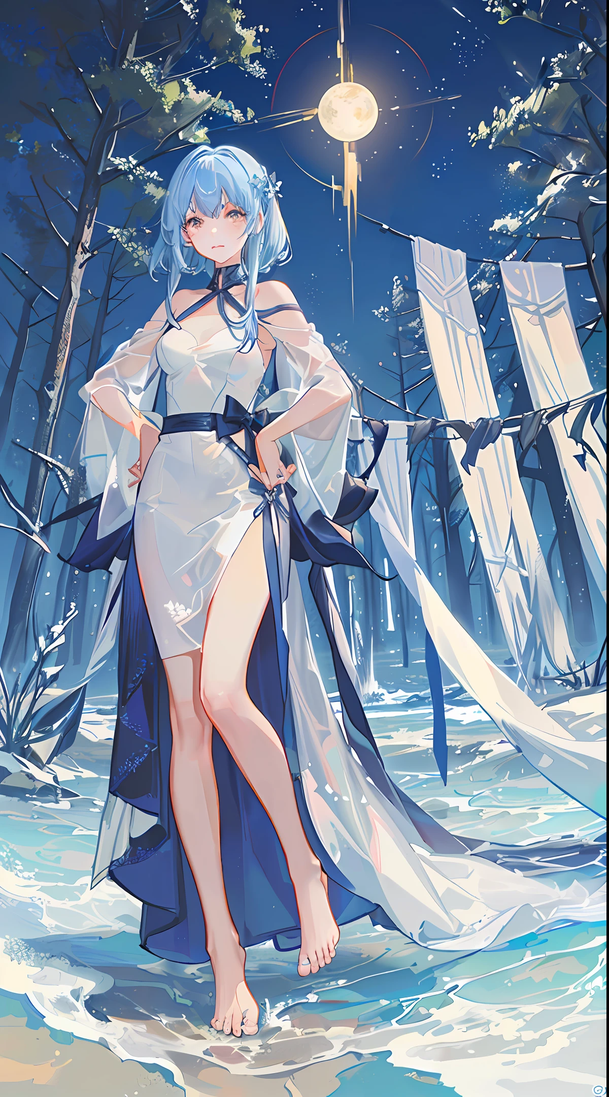 with a good figure,bare footed,disdain,Three and seven points bangs,length hair,White,noble