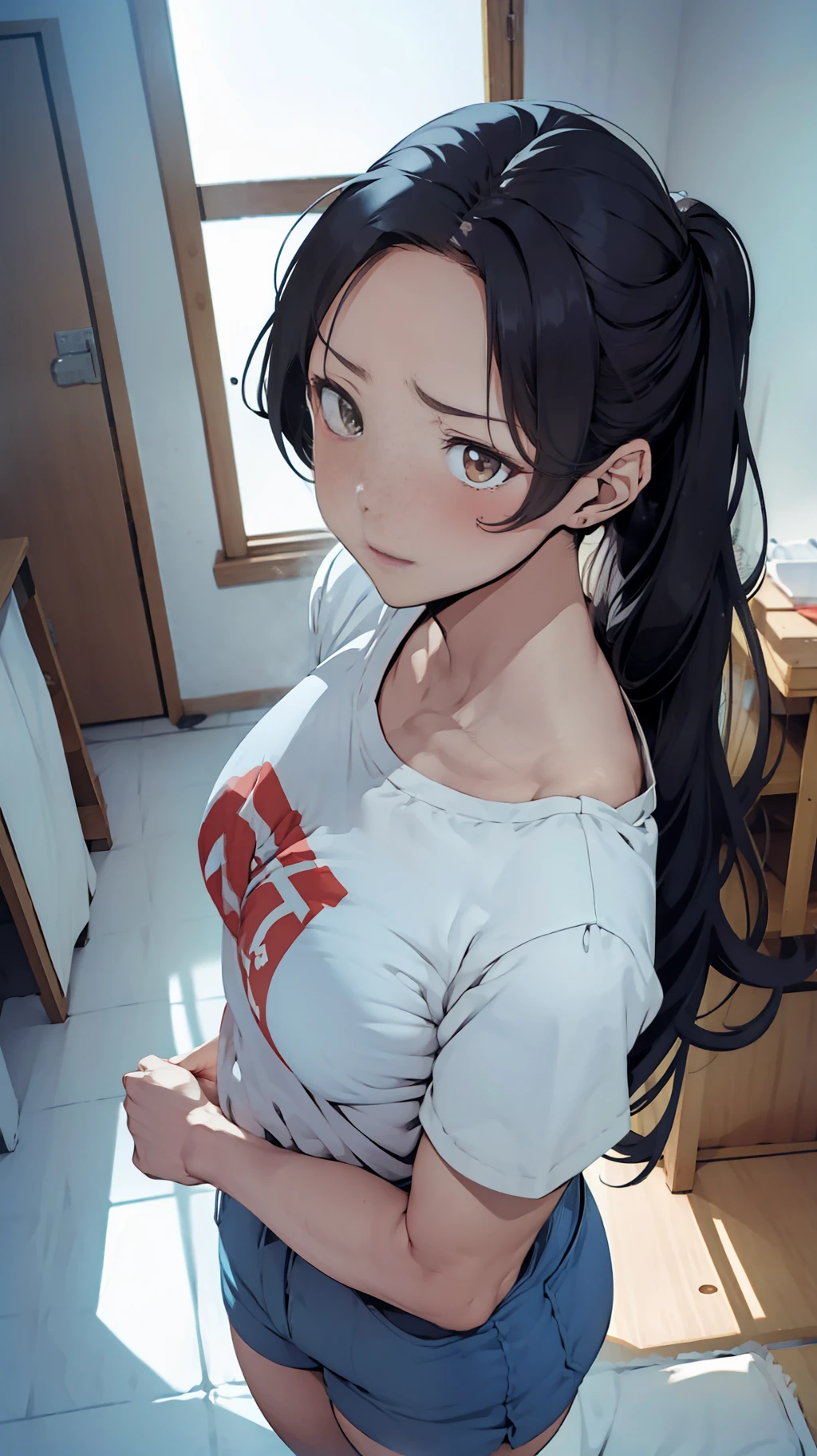 one woman, seiza,from above, tall of a person,white t-shirt,blue short pants,thin,gleaming skin,beautiful face,sharp eyes,brown eyes,flushed cheeks,cool,embarrassed,angry,long hair,pony tale, black hair,slender face,indoor,illustration style,anime style,masterpiece, extremely fine and beautiful,illustration,adult woman