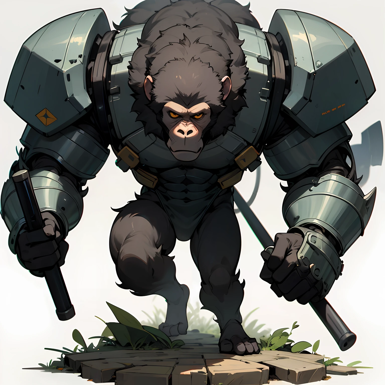 Male monkey, gorilla, Wearing machine armor、He has a huge hammer, The hammer has a banana-shaped motif, Bipedal, Slender, musculine, fullllbody, a white background, without background,No Abandonment, padding:1em
