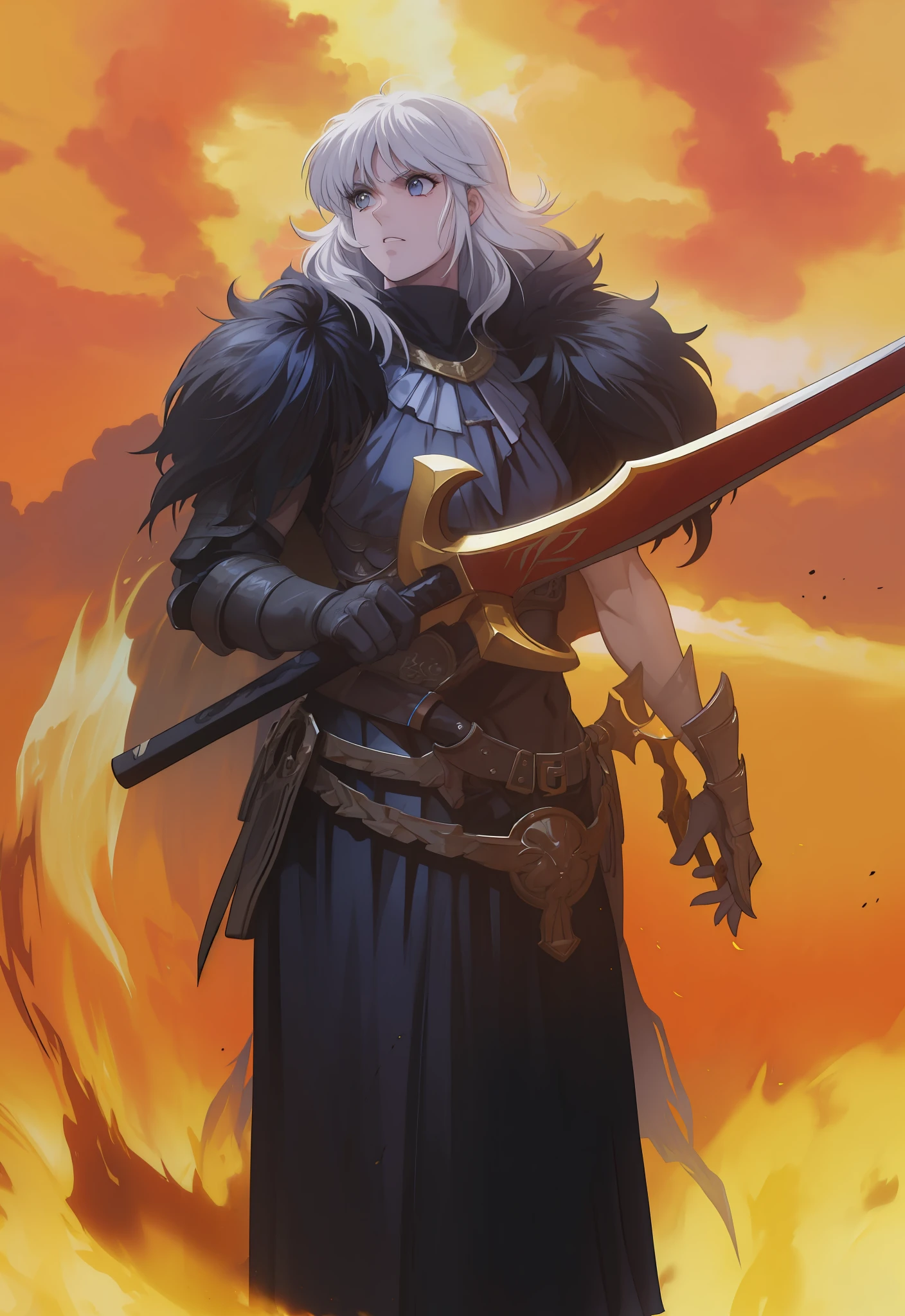 Masculino, pele negra, olhos amarelo,4k,no meio do fogo, Dark kingth armor Full body, Dark fantasy, segurando uma espada,tons de calor