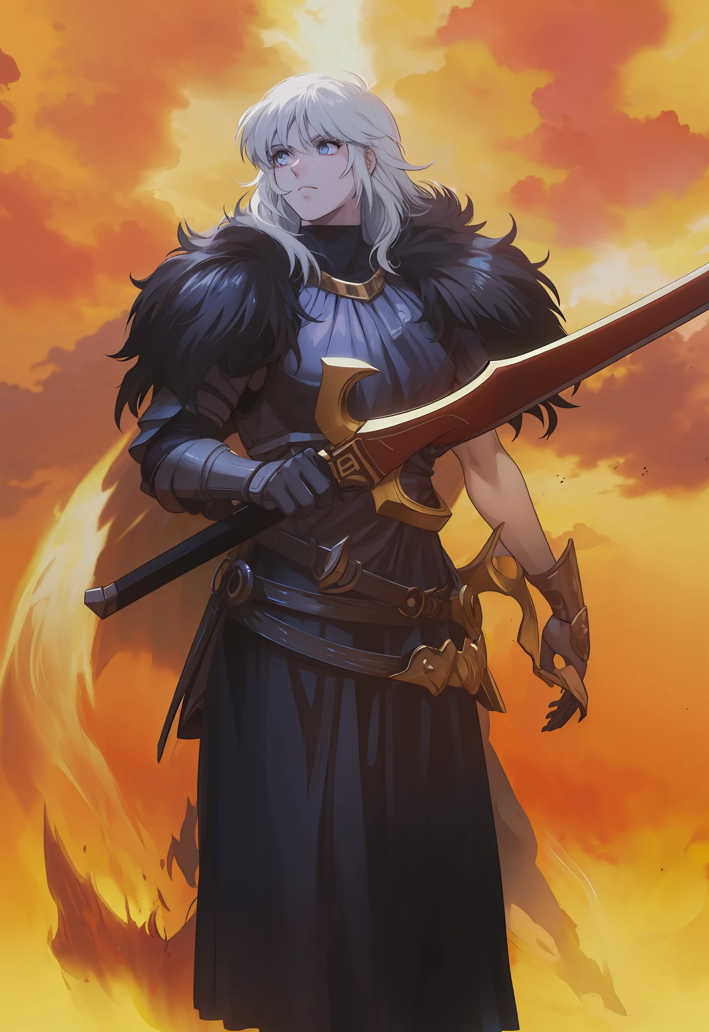 Masculino, pele negra, olhos amarelo,4k,no meio do fogo, Dark kingth armor Full body, Dark fantasy, segurando uma espada,tons de calor