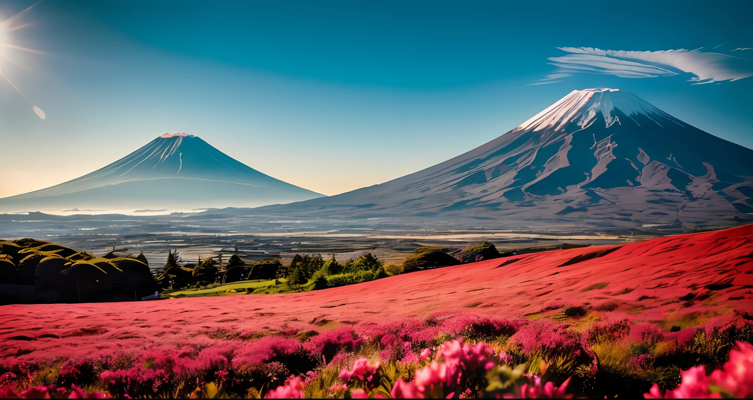 RAW photos of Mount Fuji, delicately beautiful photorealistic, detail, photorealistic, ultra-realistic photos, 8k UHD, DSLR, sunshine dazzling summer mountains, high quality, film grain, FUJIFILM XT3, (masterpiece), majestic mountains, pastures, ranches,