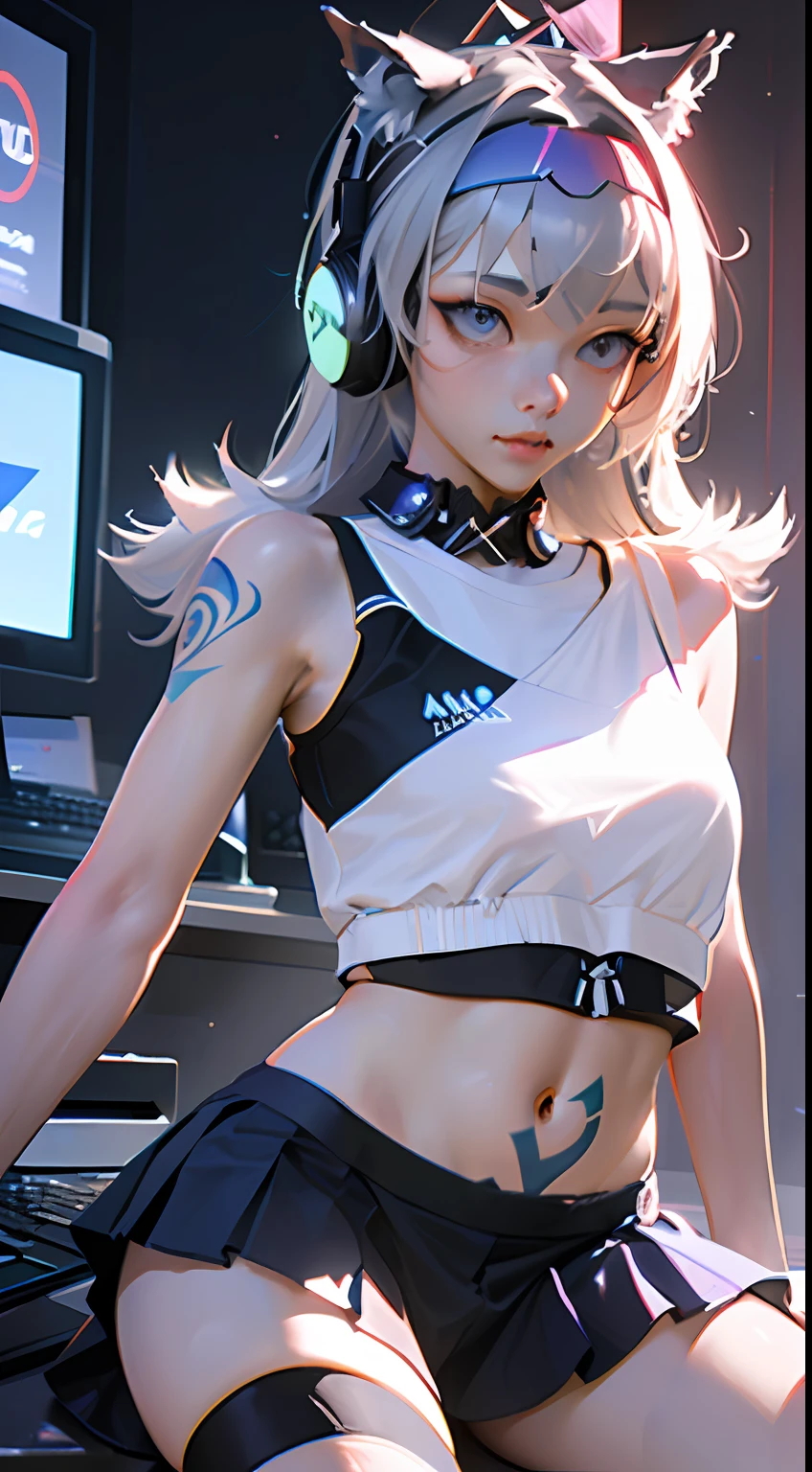 (((((7 avatar shot)))), Silver Wolf, Masterpiece, Best Quality, Ultra Detailed, Extremely Detailed 16k CG Wallpaper, Beautiful Face, (Silver Wolf in Esports Room), (Perfect Beautiful Curved Figure), Seated, Rainbow Color Jewel Eyes, Wearing Resin Hologram Sports Bra, Crop Top Drape, Mini Pleated Skirt, Bell Collar, Logo, Impotence, Contour Light, Concert, Neon Sign, Audio, Bell Collar, Esports Headset, Computer, Esports Room, Play Games, White Interior Through Red Skin, holographic projection, flat sphere, graffiti logo, highly detailed tattoo_,
Authoring information