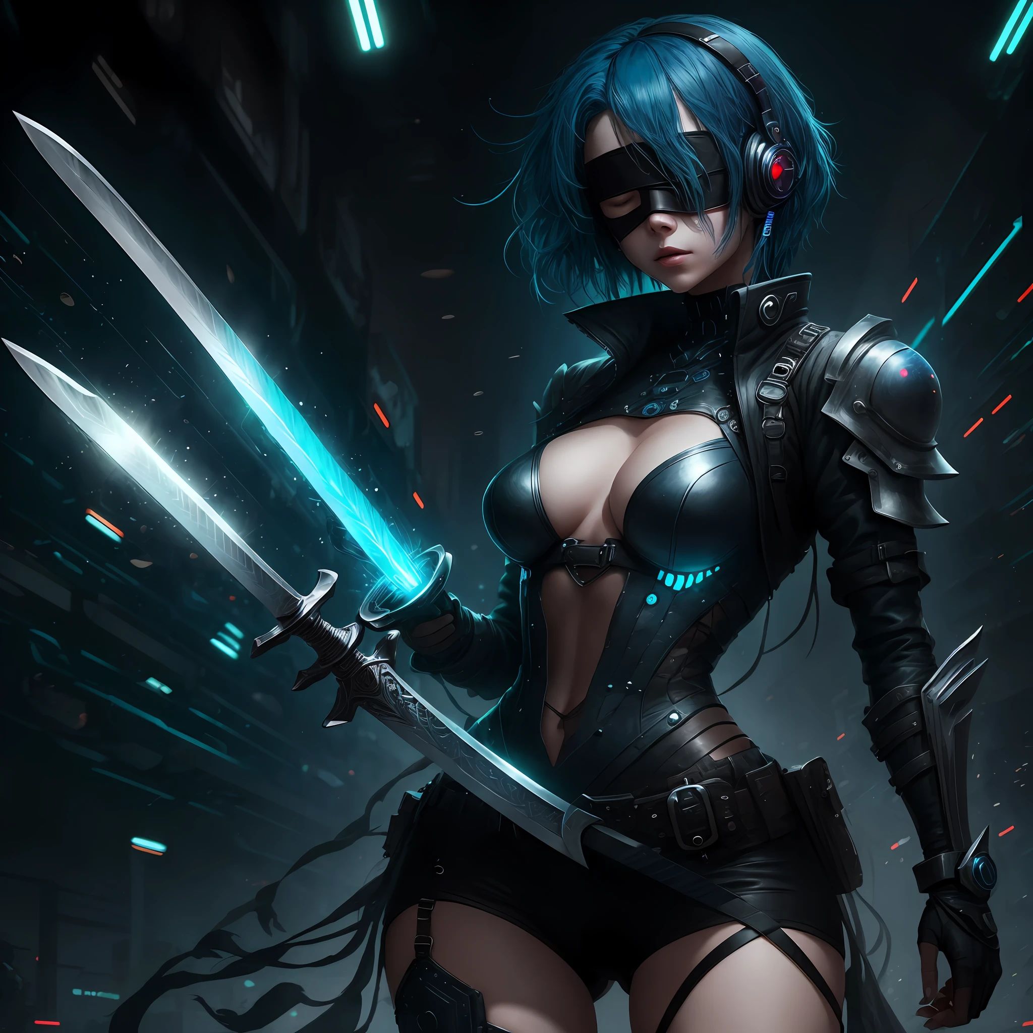 Blue-haired woman with a sword,Blindfolded,cyber-punk,Side Body --auto