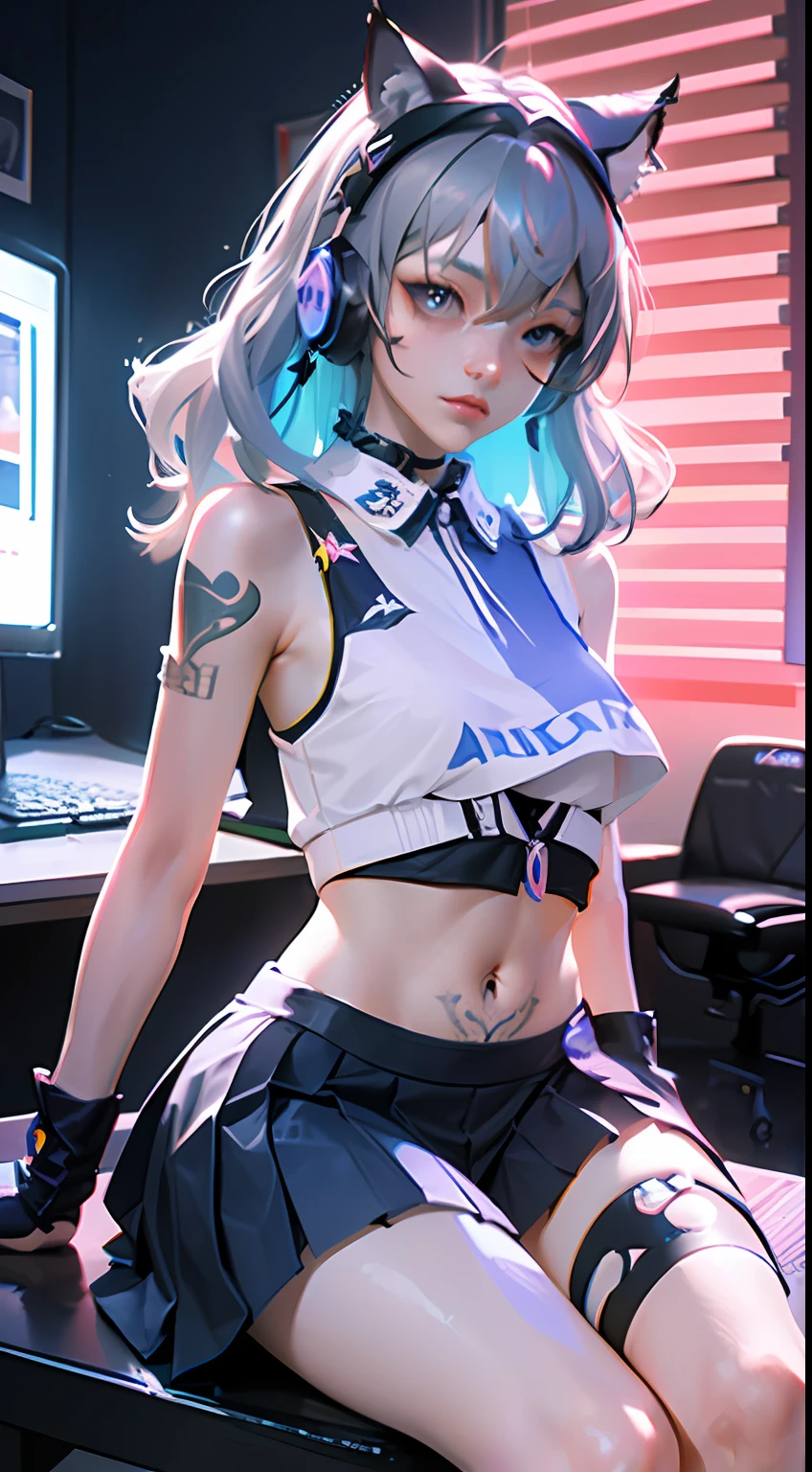 (((((7 avatar shot)))), Silver Wolf, Masterpiece, Best Quality, Ultra Detailed, Extremely Detailed 16k CG Wallpaper, Beautiful Face, (Silver Wolf in Esports Room), (Perfect Beautiful Curved Figure), Seated, Rainbow Color Jewel Eyes, Wearing Resin Hologram Sports Bra, Crop Top Drape, Mini Pleated Skirt, Bell Collar, Logo, Impotence, Contour Light, Concert, Neon Sign, Audio, Bell Collar, Esports Headset, Computer, Esports Room, Play Games, White Interior Through Red Skin, holographic projection, flat sphere, graffiti logo, highly detailed tattoo_,
Authoring information