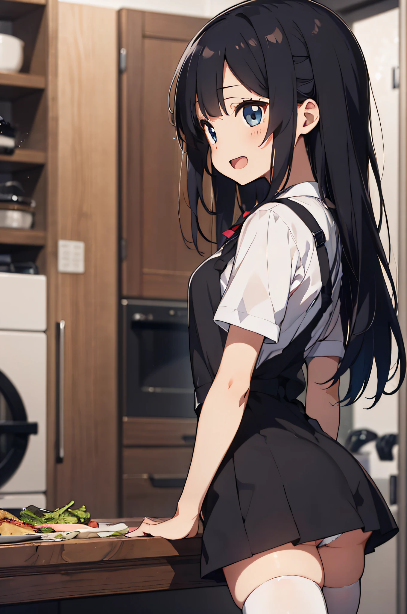master piace, beste-Qualit,ultra detali,8K_wall-paper,(Beautiful eyes),((cute little)),(Wonderful),(erotick),anime moe art style,1girl in,,,Mini skirt,,A dark-haired,,Long hair,,navel,,Small breasts,,(((zettai ryouiki))),,Short sleeves,Open mouth,double tooth、A smile、Looking away、、profile,Back view、Cooking dishes、pinafore、White Panties,very long hair,Shoulder out、