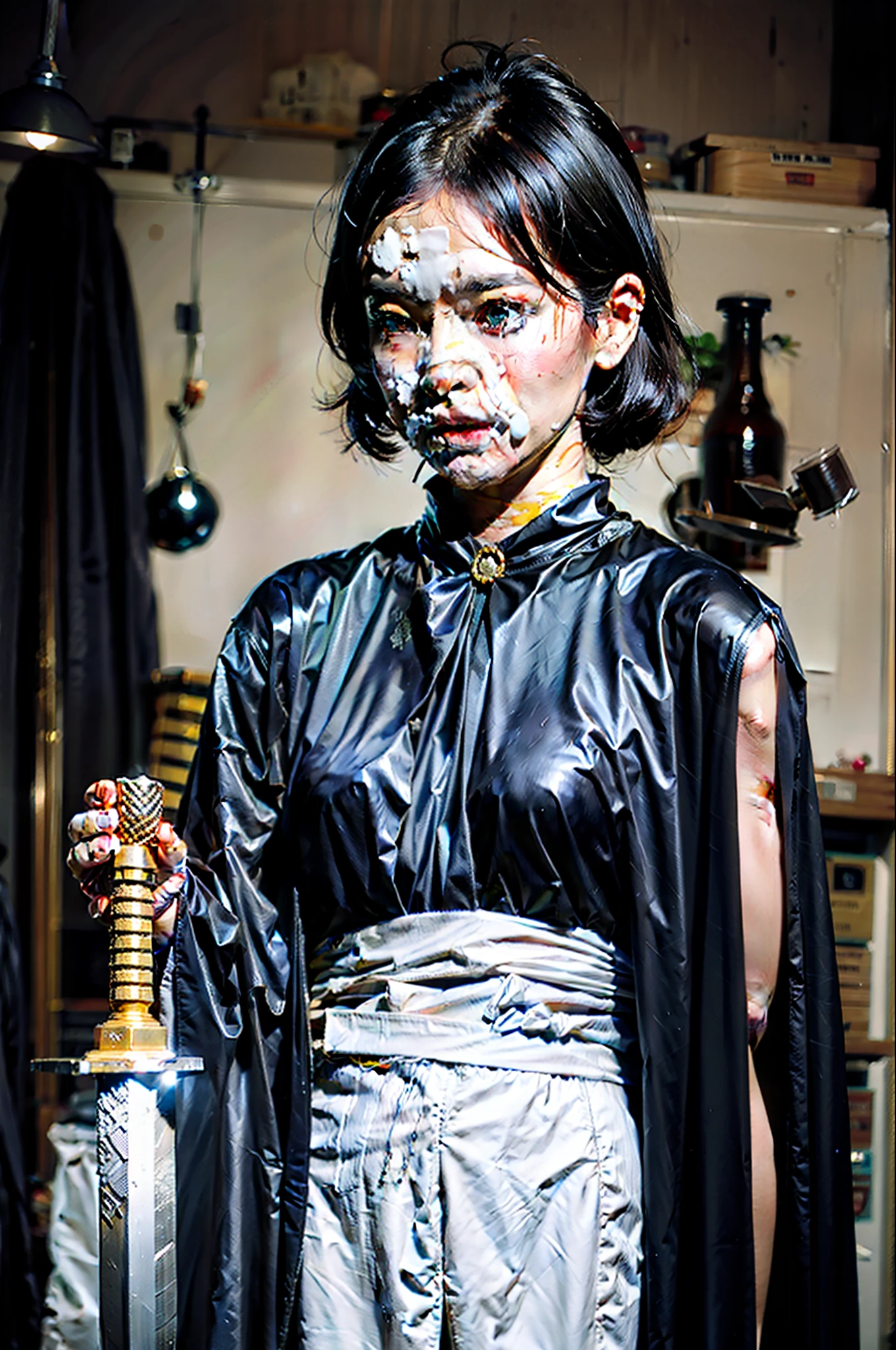 ninja girl, girl with sword, night, rain