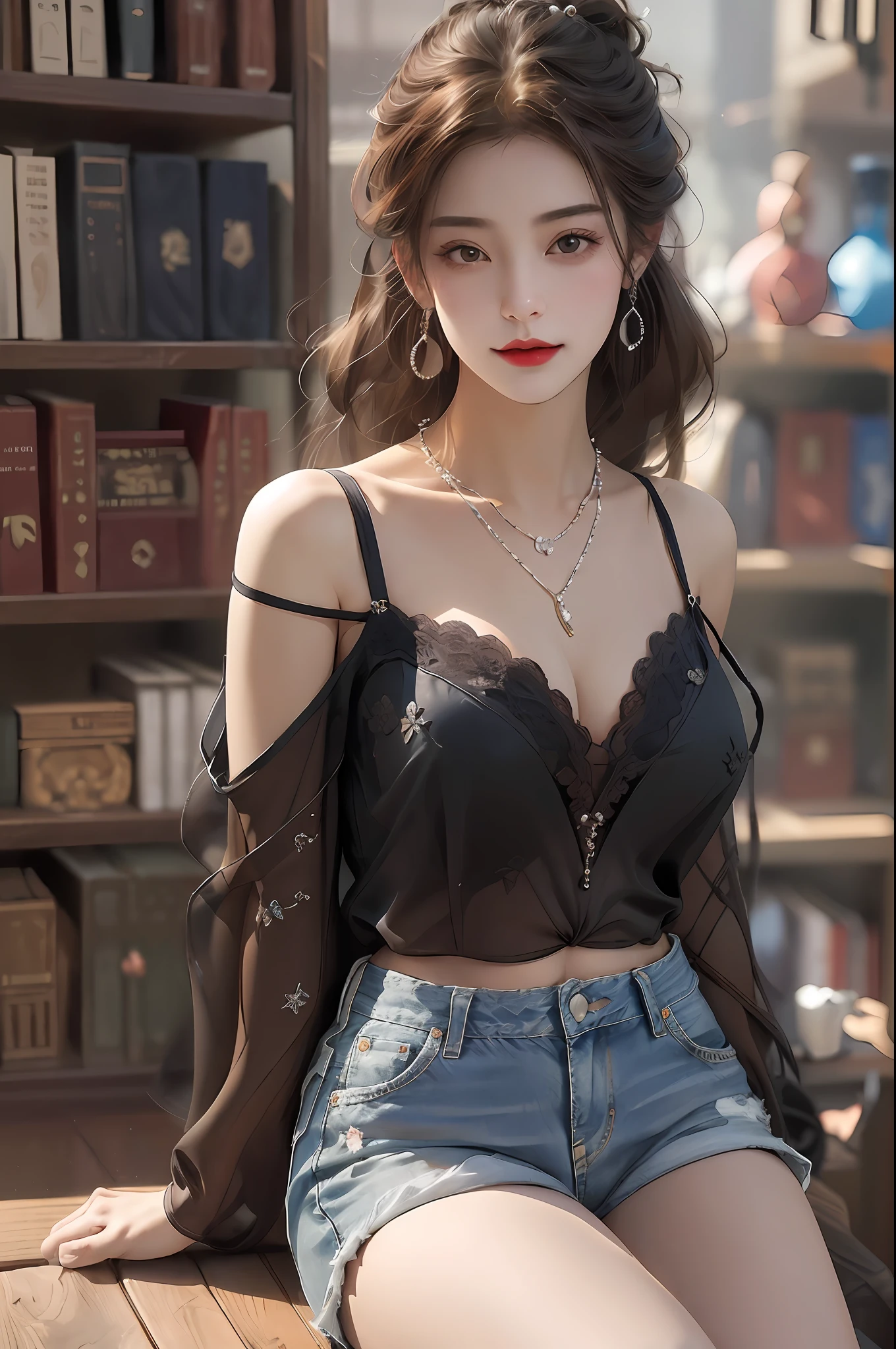 ,tmasterpiece,Best quality,
1girll,brown hair,Sitting on the ground against the bookshelf with a black blouse,Slipped shoulder straps,鎖骨,pearls necklace,black lace cleavage underwear,boobgasm,Denim super shorts。